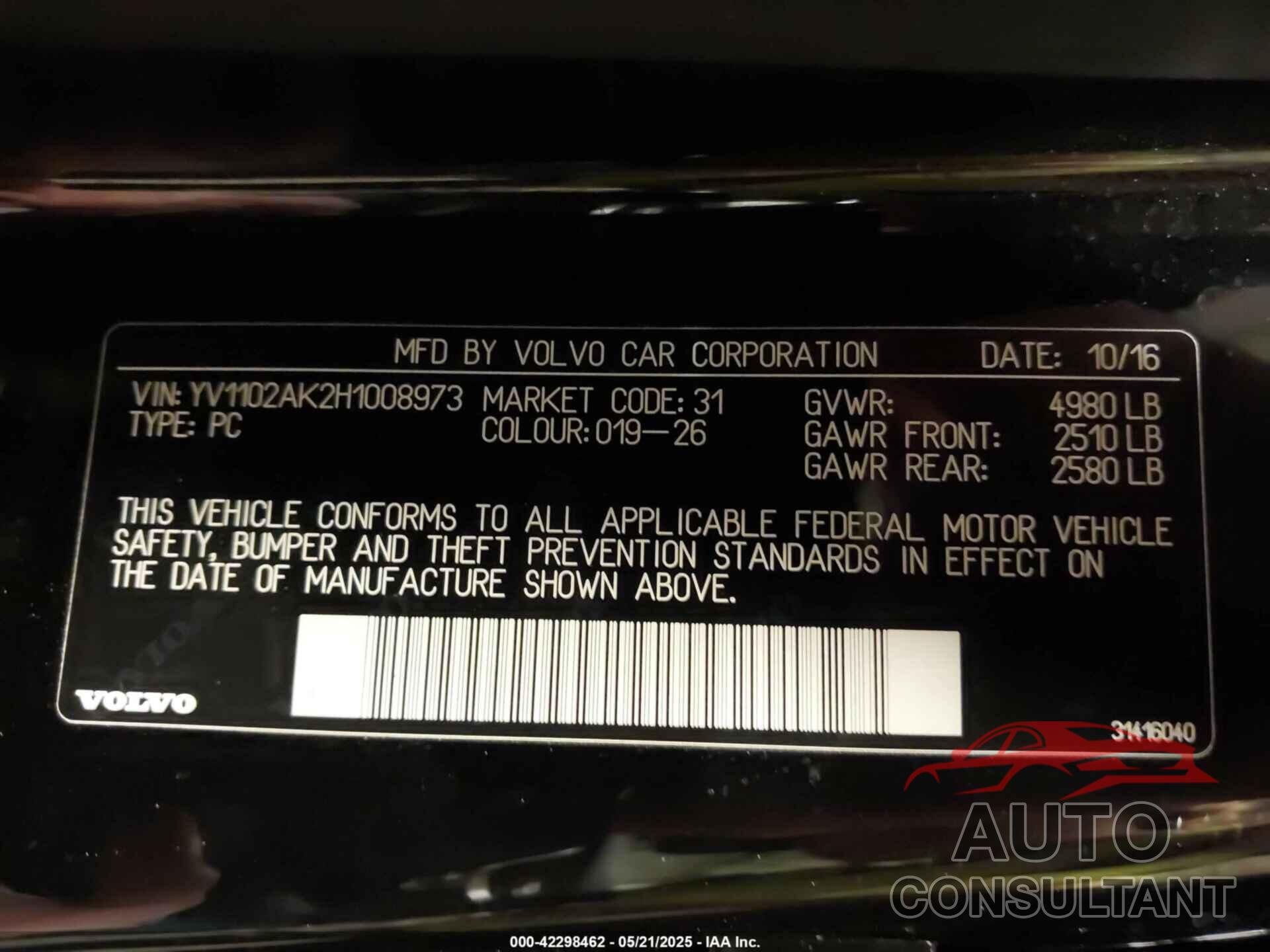 VOLVO S90 2017 - YV1102AK2H1008973