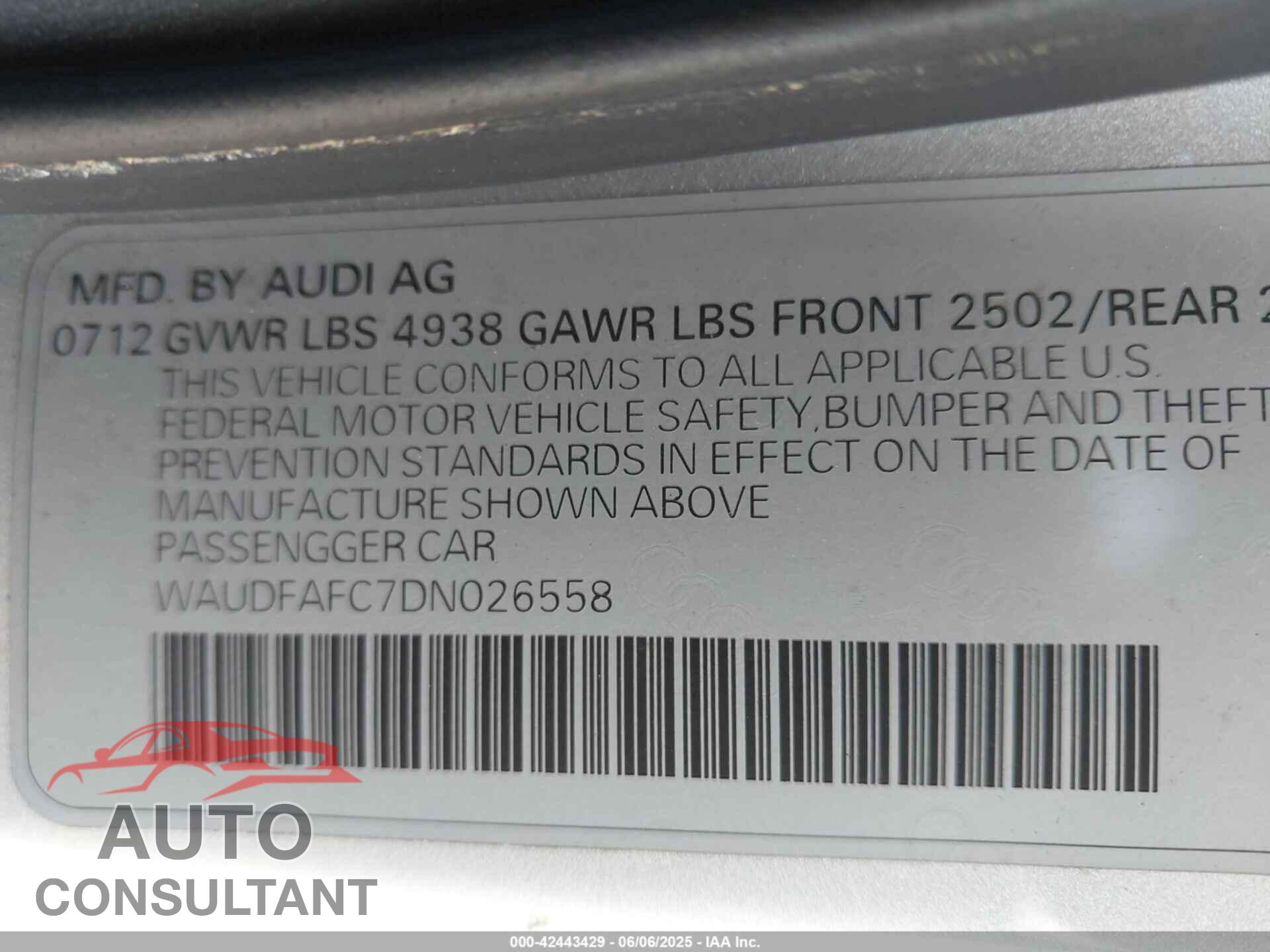 AUDI A6 2013 - WAUDFAFC7DN026558