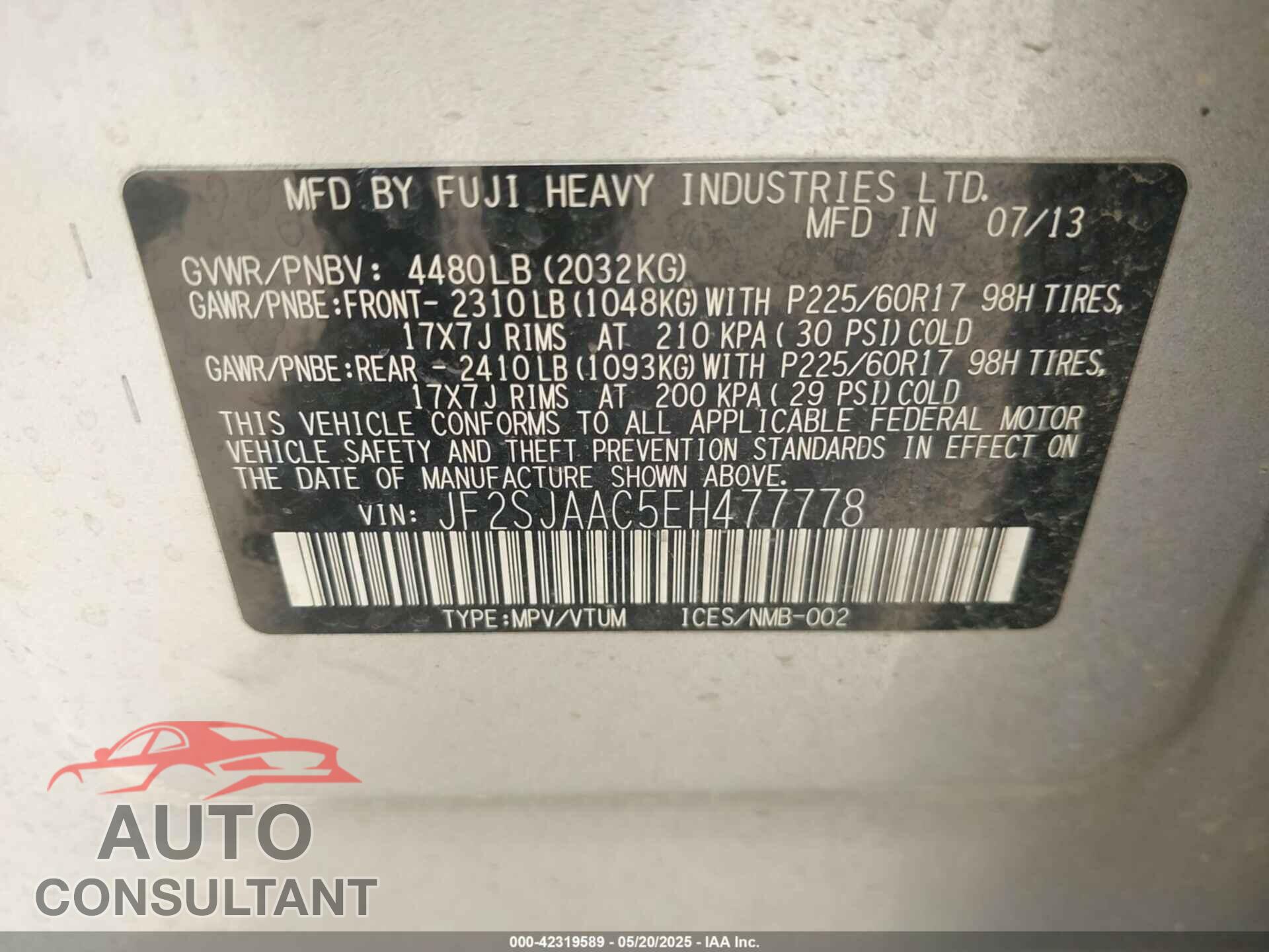 SUBARU FORESTER 2014 - JF2SJAAC5EH477778