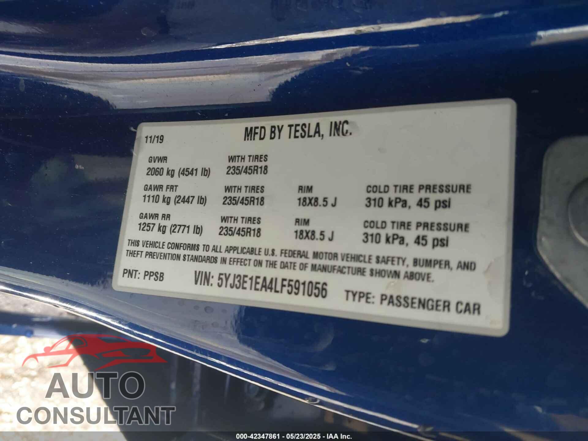 TESLA MODEL 3 2020 - 5YJ3E1EA4LF591056