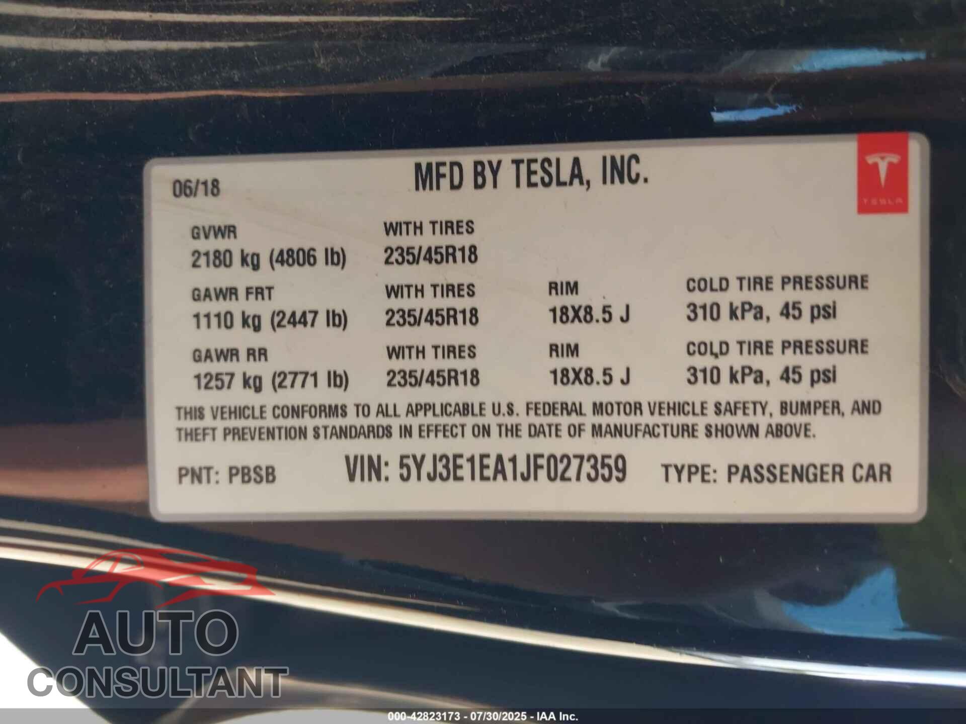 TESLA MODEL 3 2018 - 5YJ3E1EA1JF027359