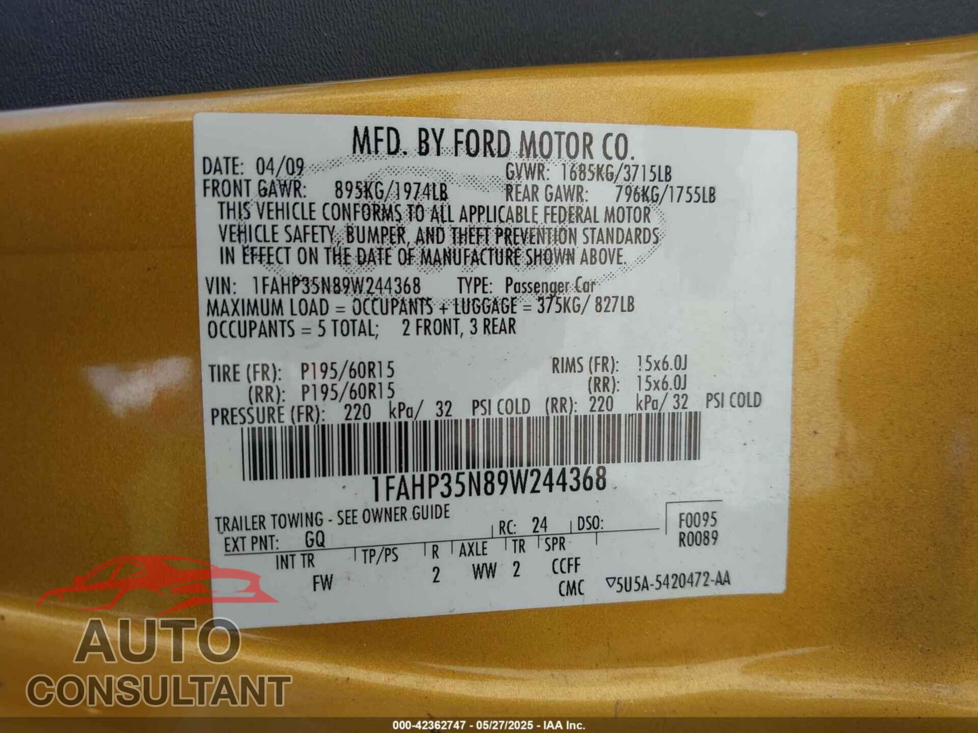 FORD FOCUS 2009 - 1FAHP35N89W244368