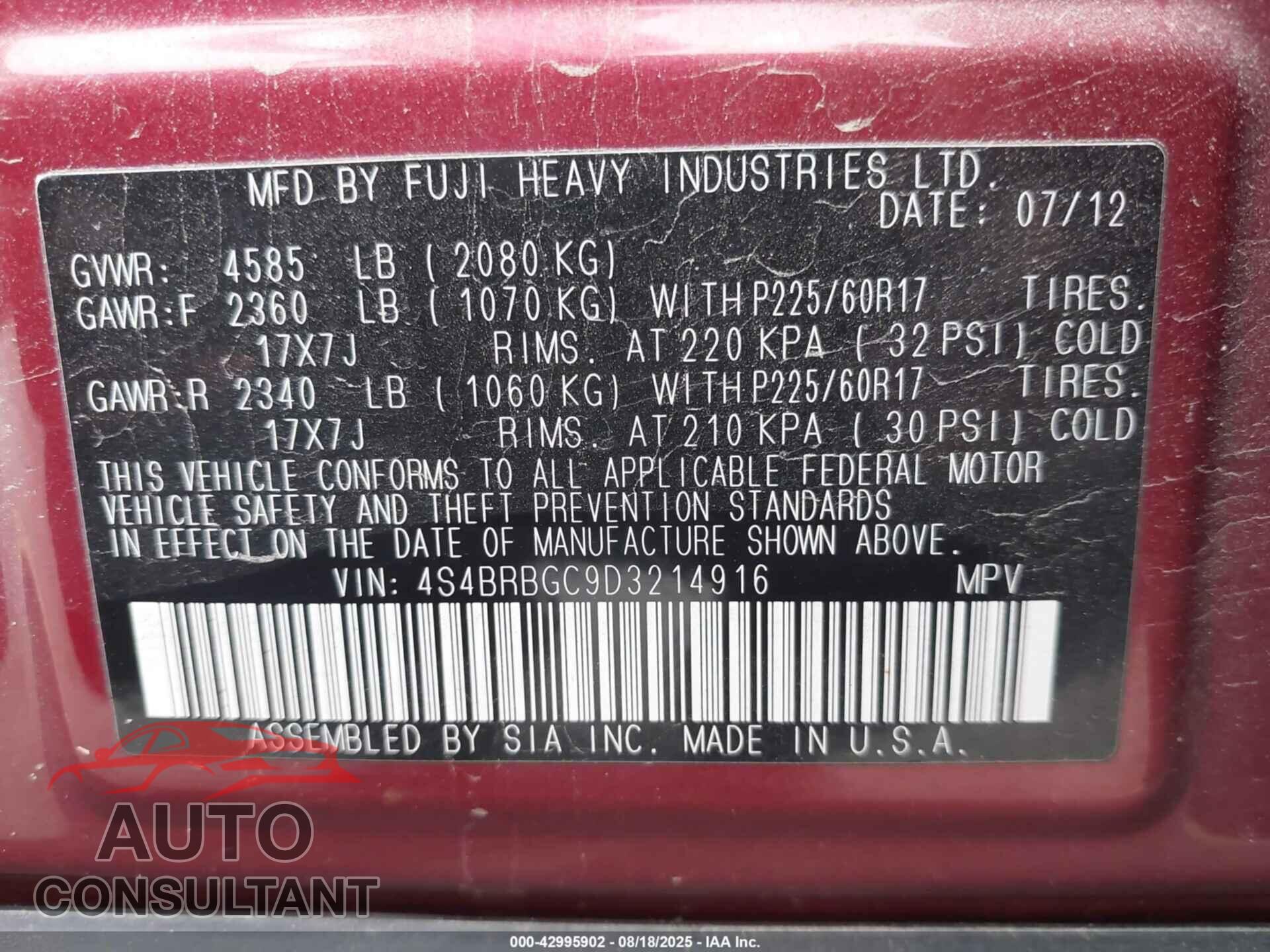 SUBARU OUTBACK 2013 - 4S4BRBGC9D3214916