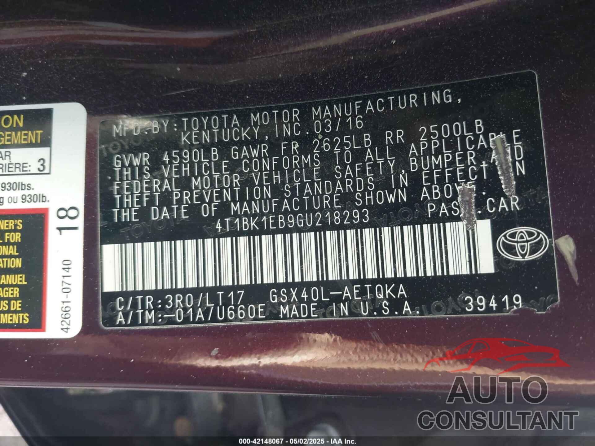TOYOTA AVALON 2016 - 4T1BK1EB9GU218293