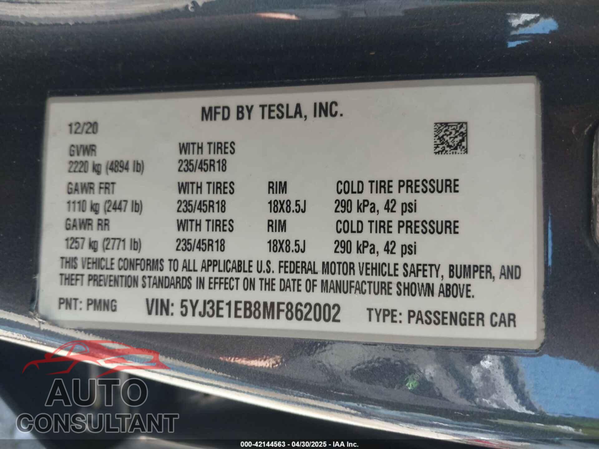 TESLA MODEL 3 2021 - 5YJ3E1EB8MF862002
