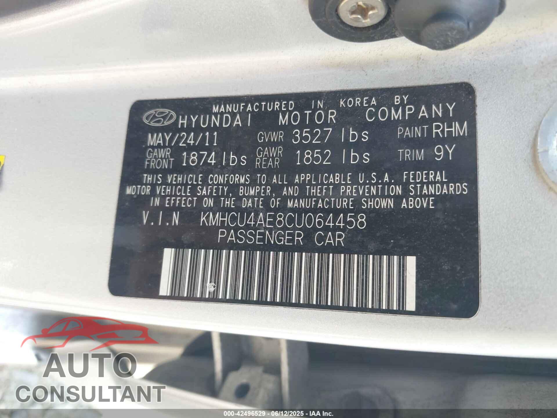 HYUNDAI ACCENT 2012 - KMHCU4AE8CU064458