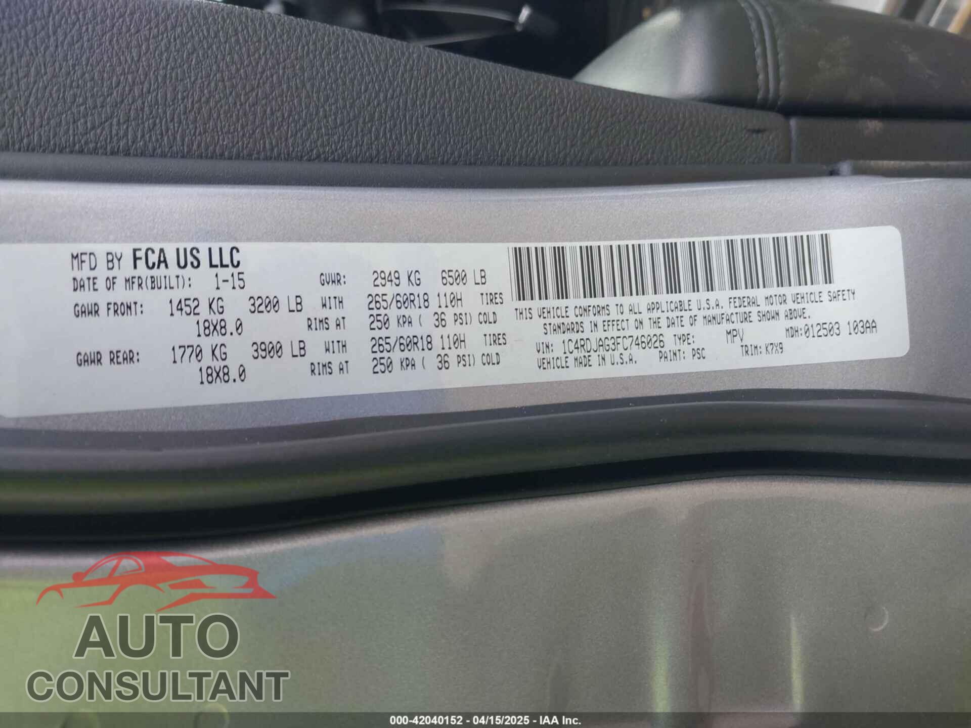 DODGE DURANGO 2015 - 1C4RDJAG3FC746026