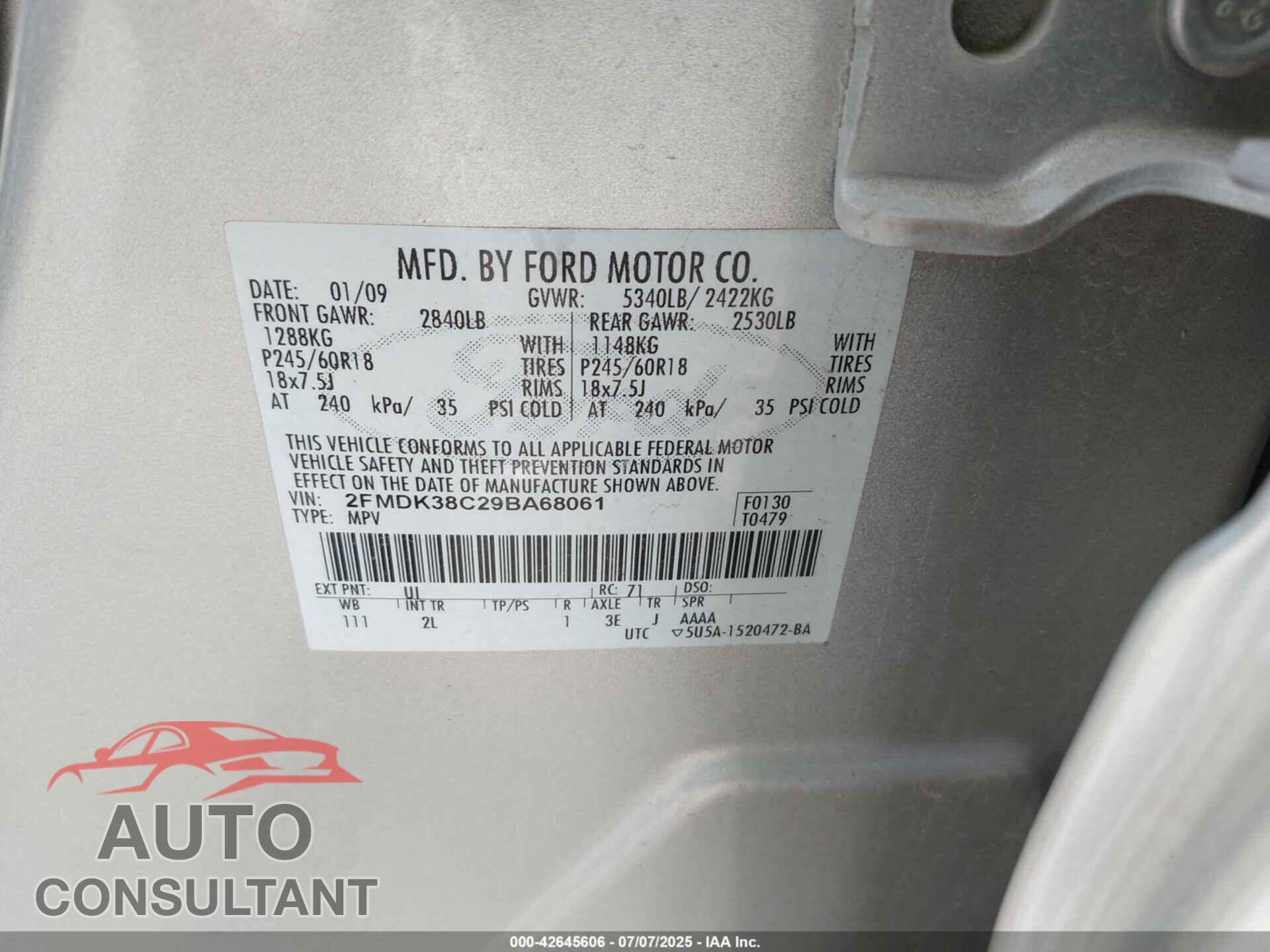 FORD EDGE 2009 - 2FMDK38C29BA68061