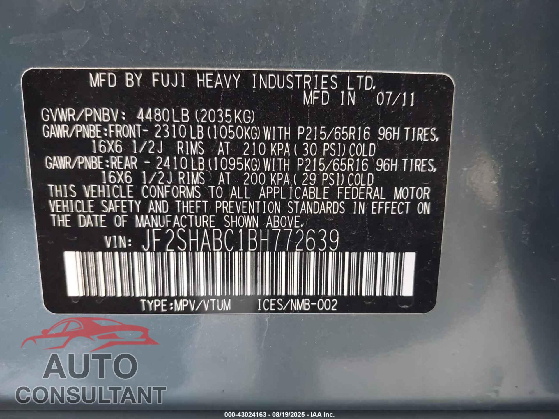 SUBARU FORESTER 2011 - JF2SHABC1BH772639