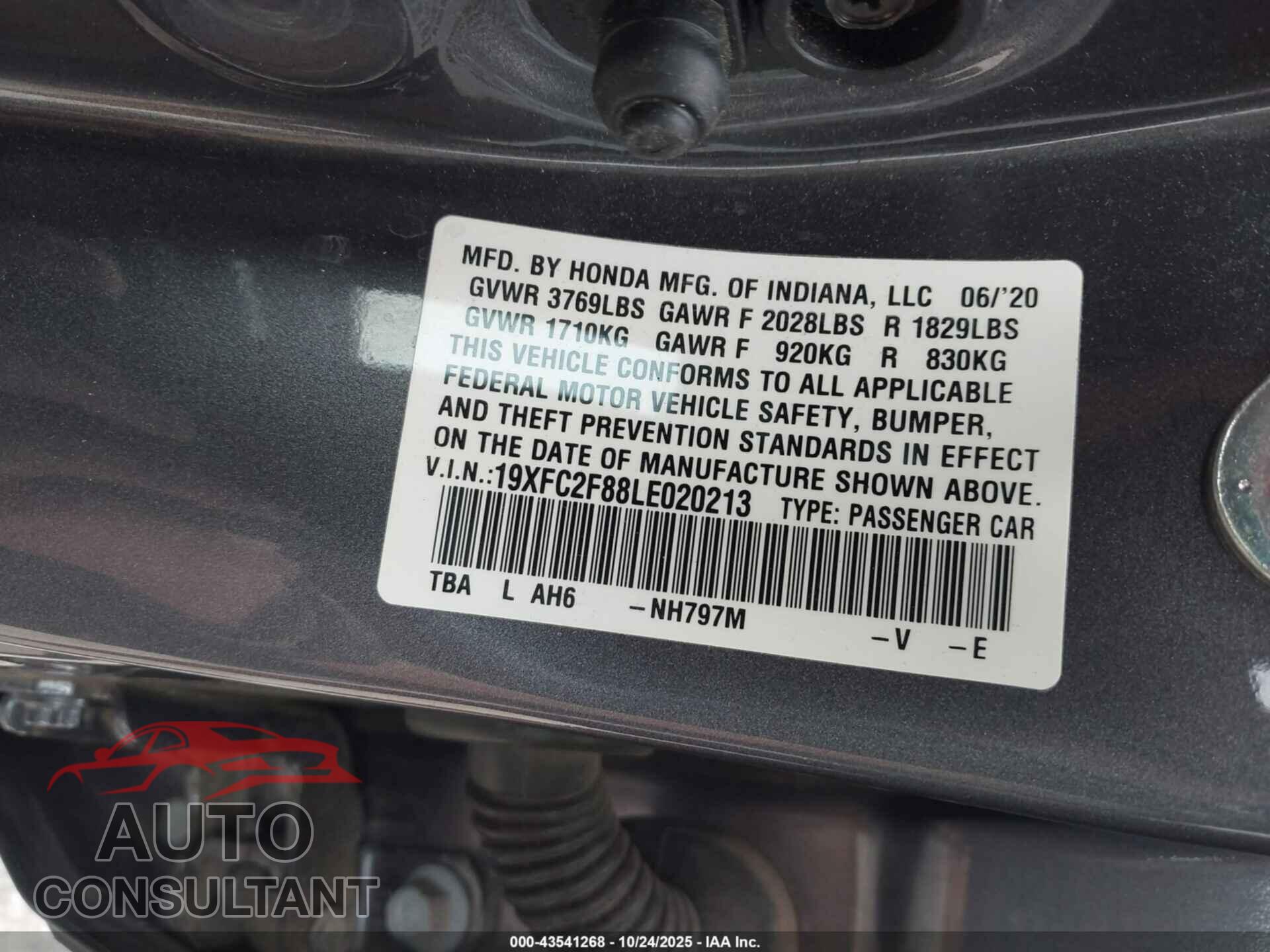 HONDA CIVIC 2020 - 19XFC2F88LE020213