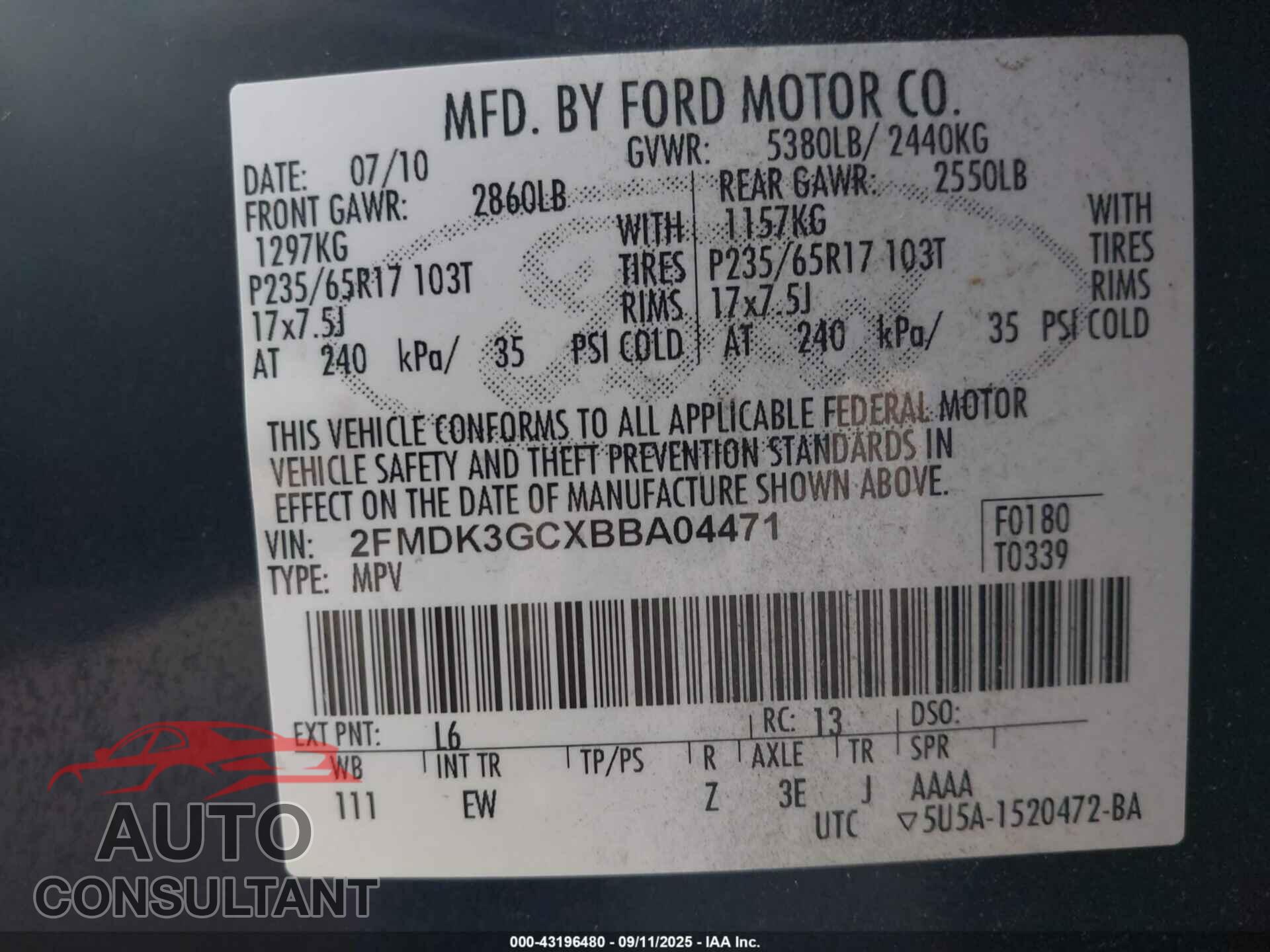 FORD EDGE 2011 - 2FMDK3GCXBBA04471