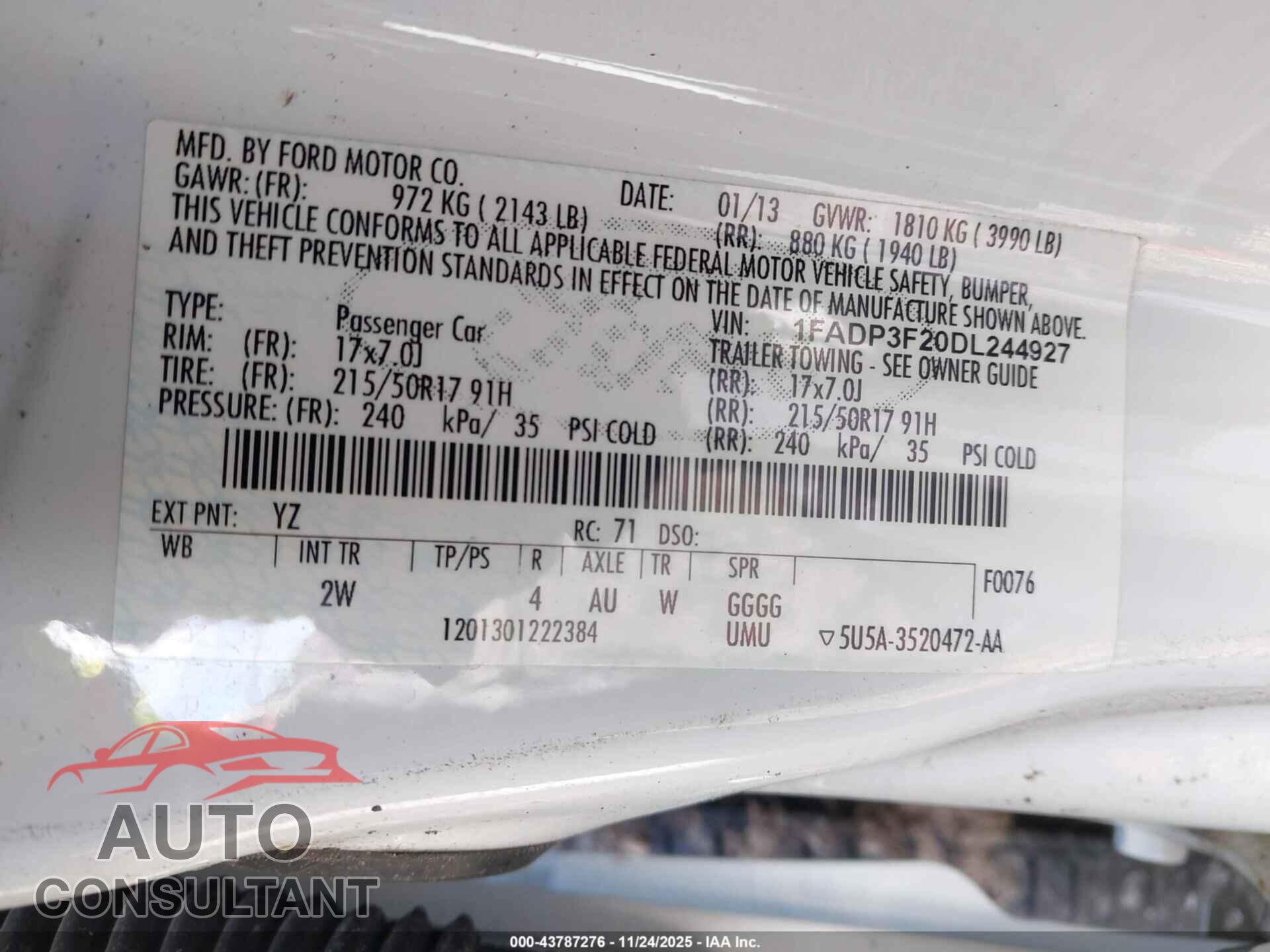 FORD FOCUS 2013 - 1FADP3F20DL244927