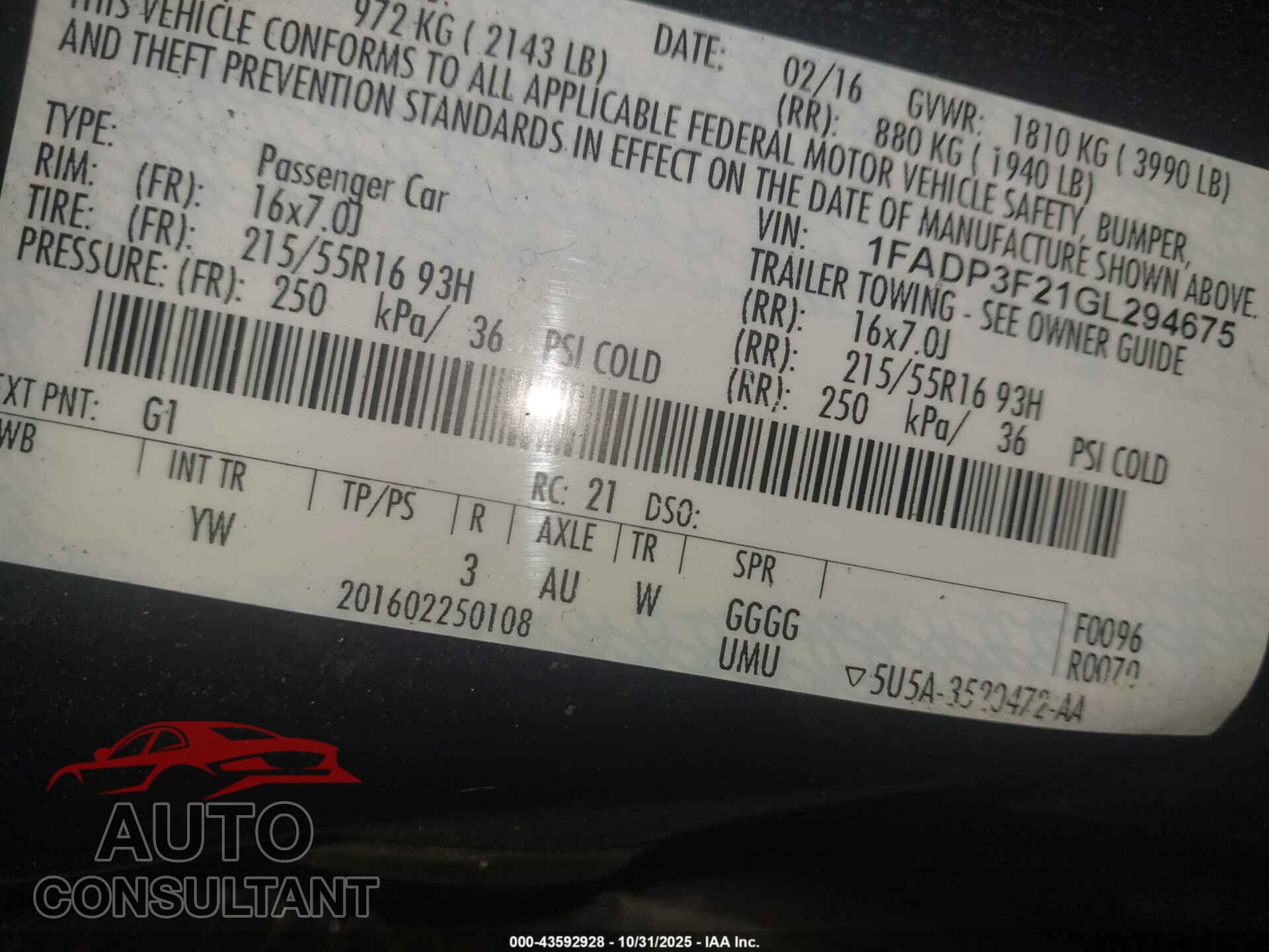 FORD FOCUS 2016 - 1FADP3F21GL294675