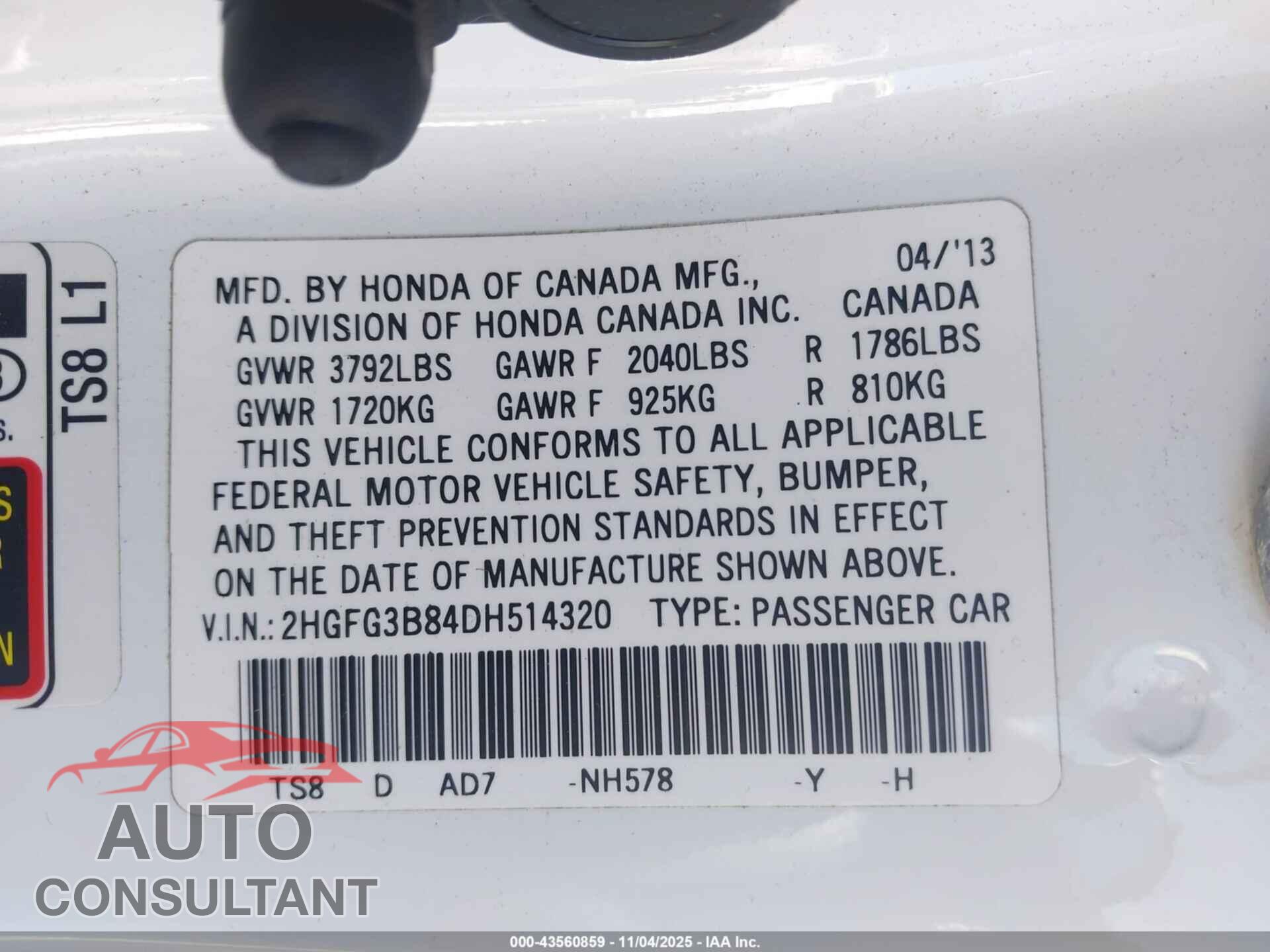 HONDA CIVIC 2013 - 2HGFG3B84DH514320