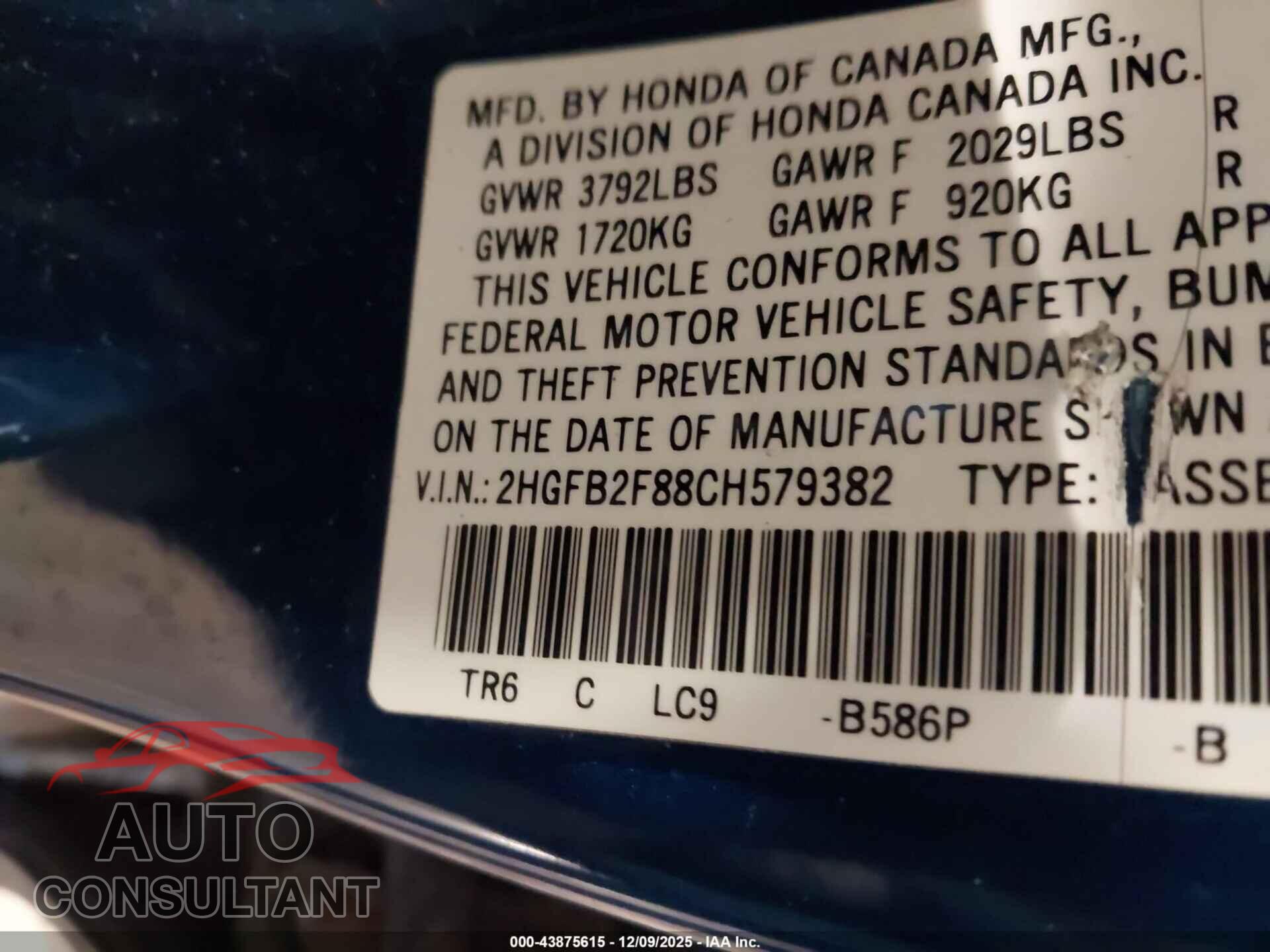 HONDA CIVIC 2012 - 2HGFB2F88CH579382
