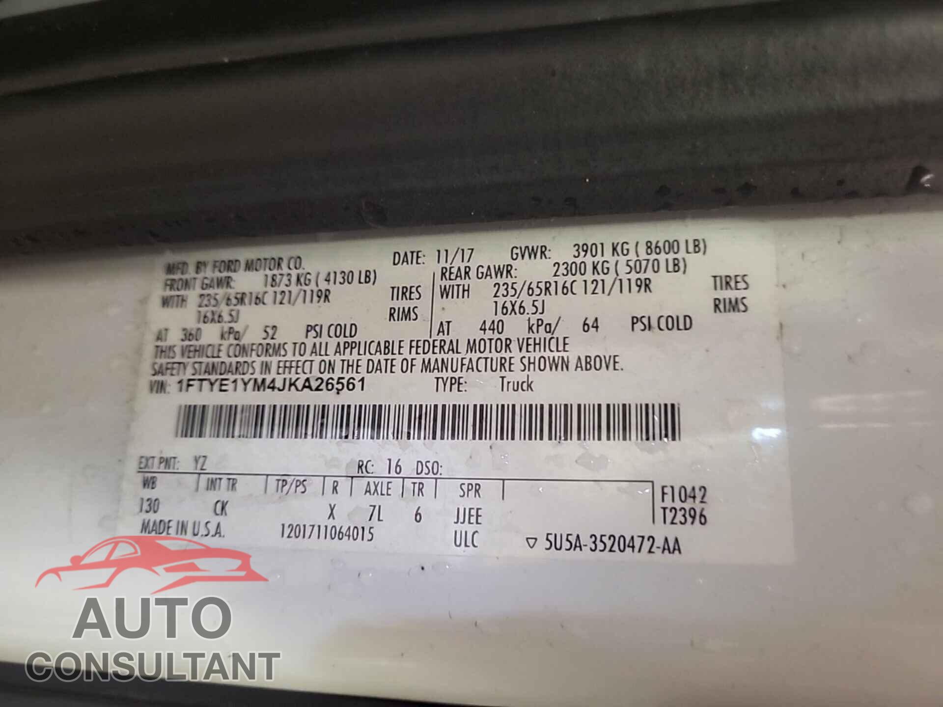 FORD TRANSIT 2018 - 1FTYE1YM4JKA26561