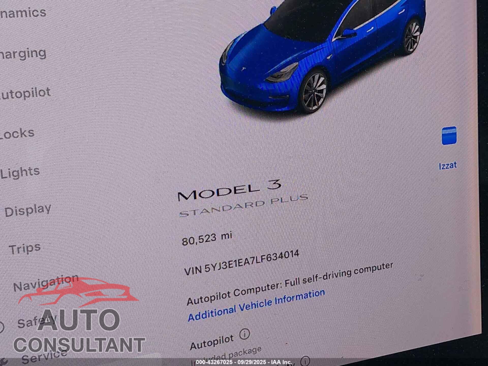 TESLA MODEL 3 2020 - 5YJ3E1EA7LF634014