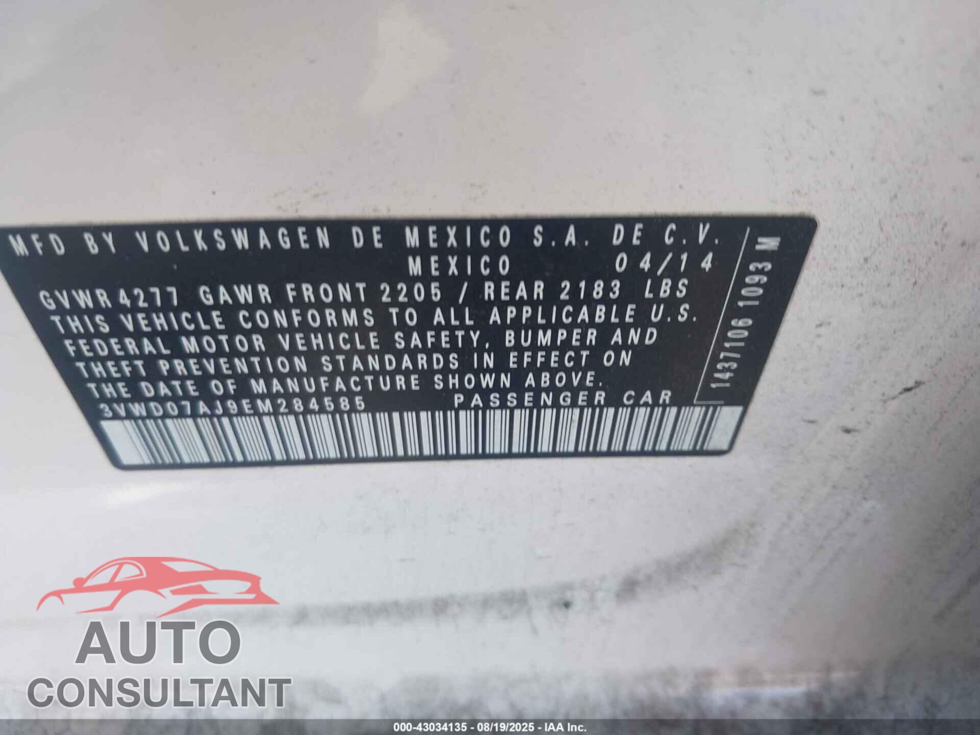 VOLKSWAGEN JETTA 2014 - 3VWD07AJ9EM284585