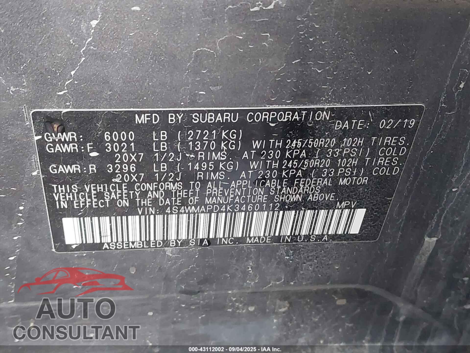 SUBARU ASCENT 2019 - 4S4WMAPD4K3460112