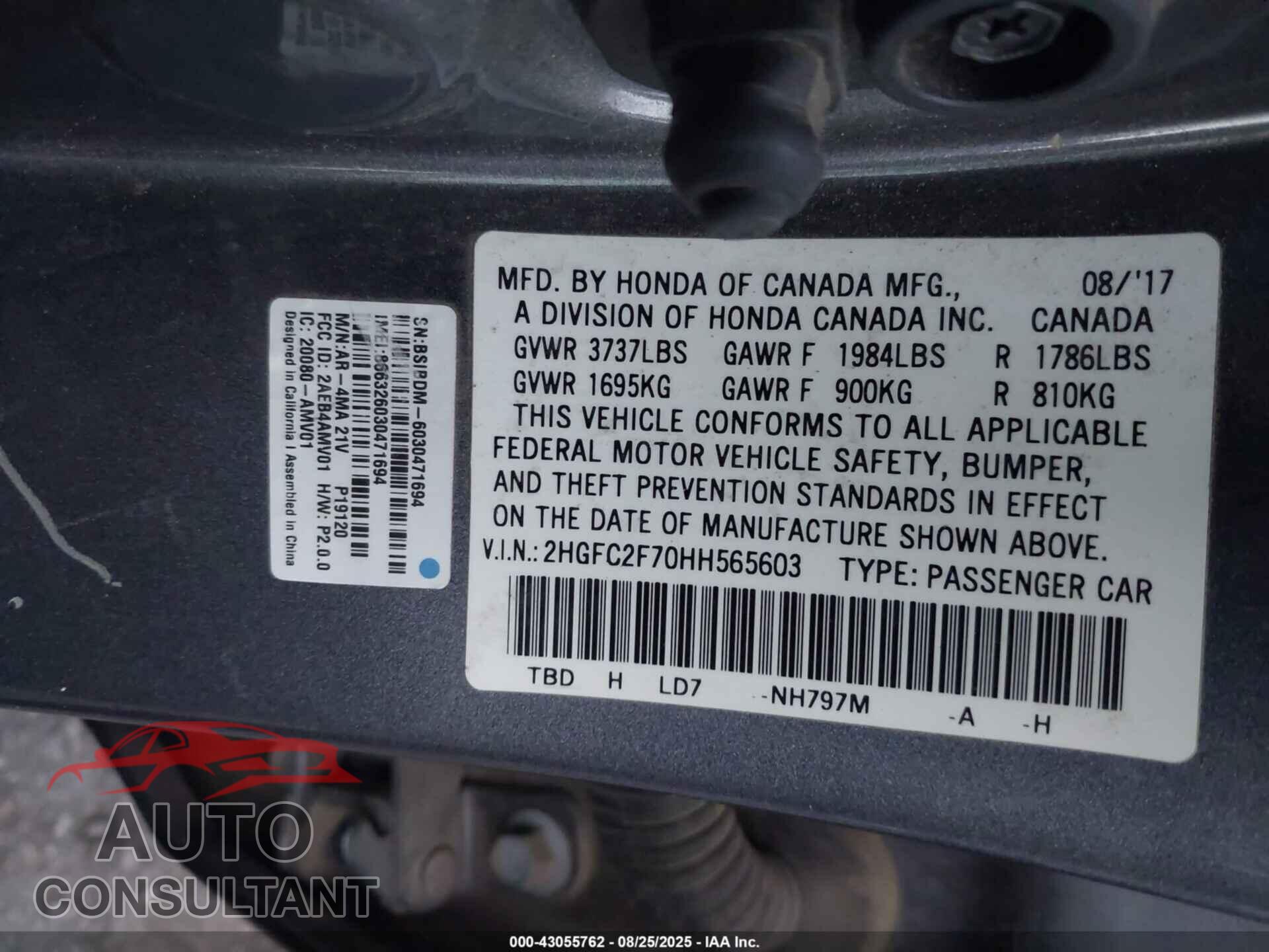 HONDA CIVIC 2017 - 2HGFC2F70HH565603