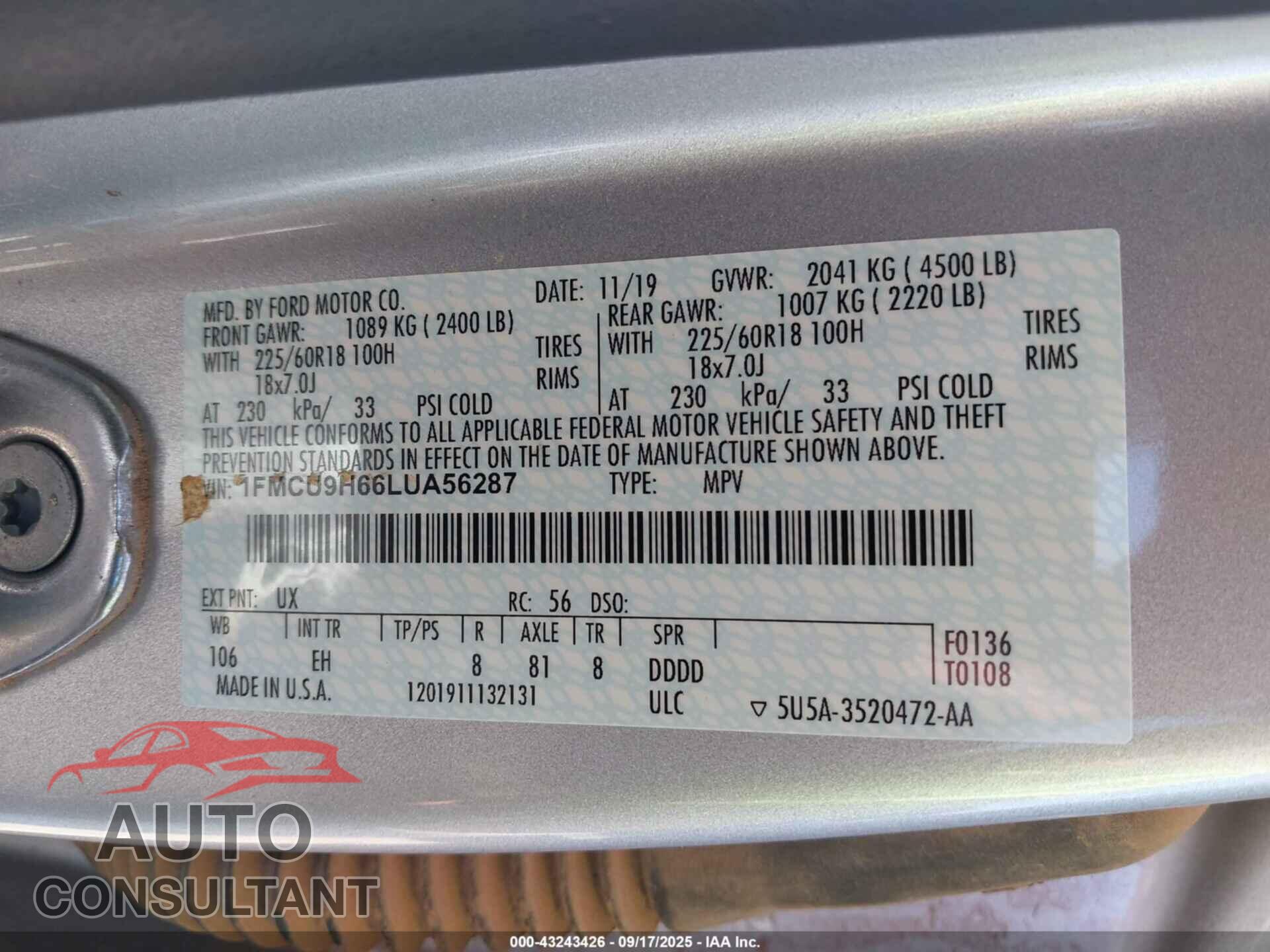FORD ESCAPE 2020 - 1FMCU9H66LUA56287