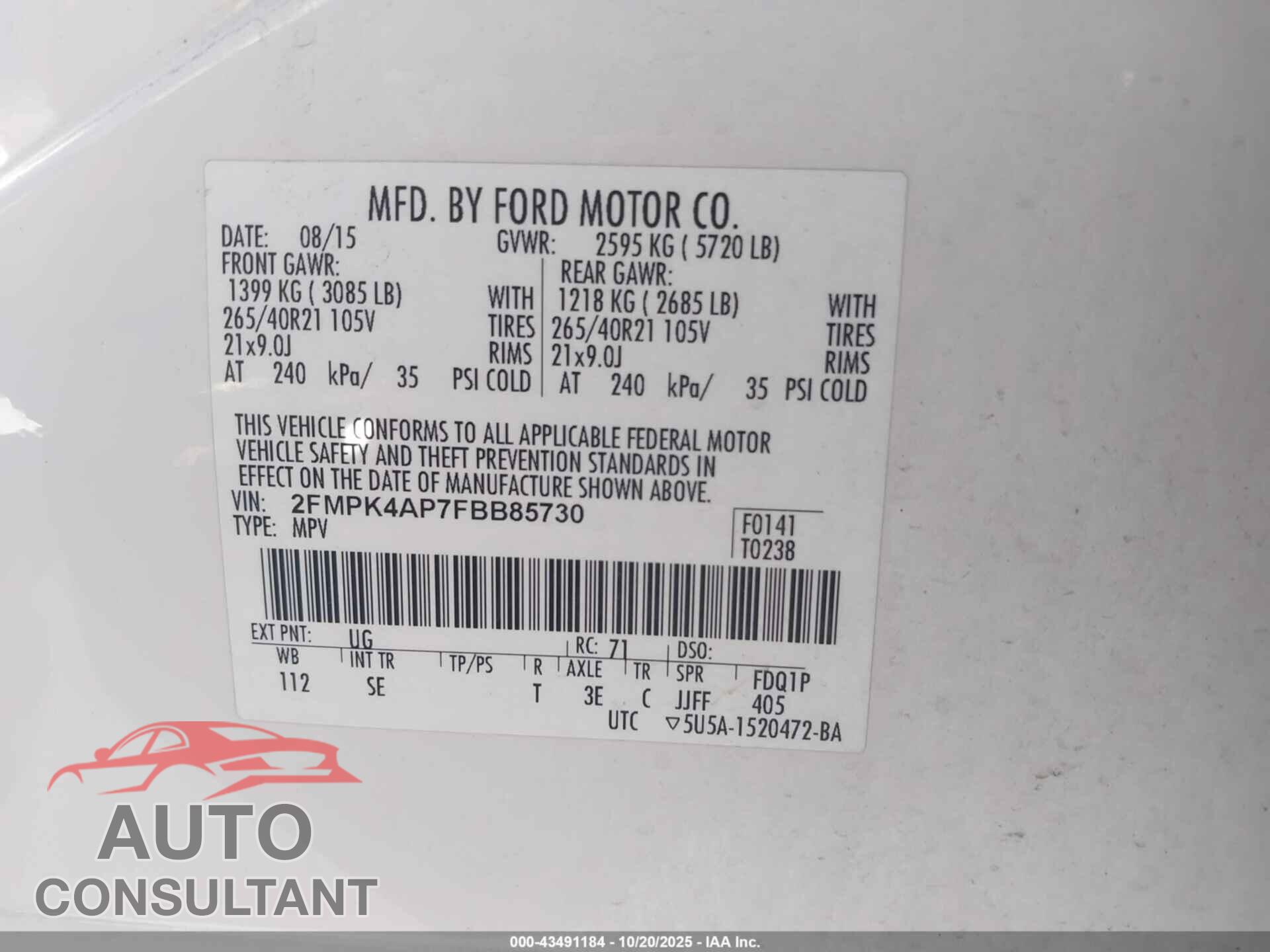 FORD EDGE 2015 - 2FMPK4AP7FBB85730