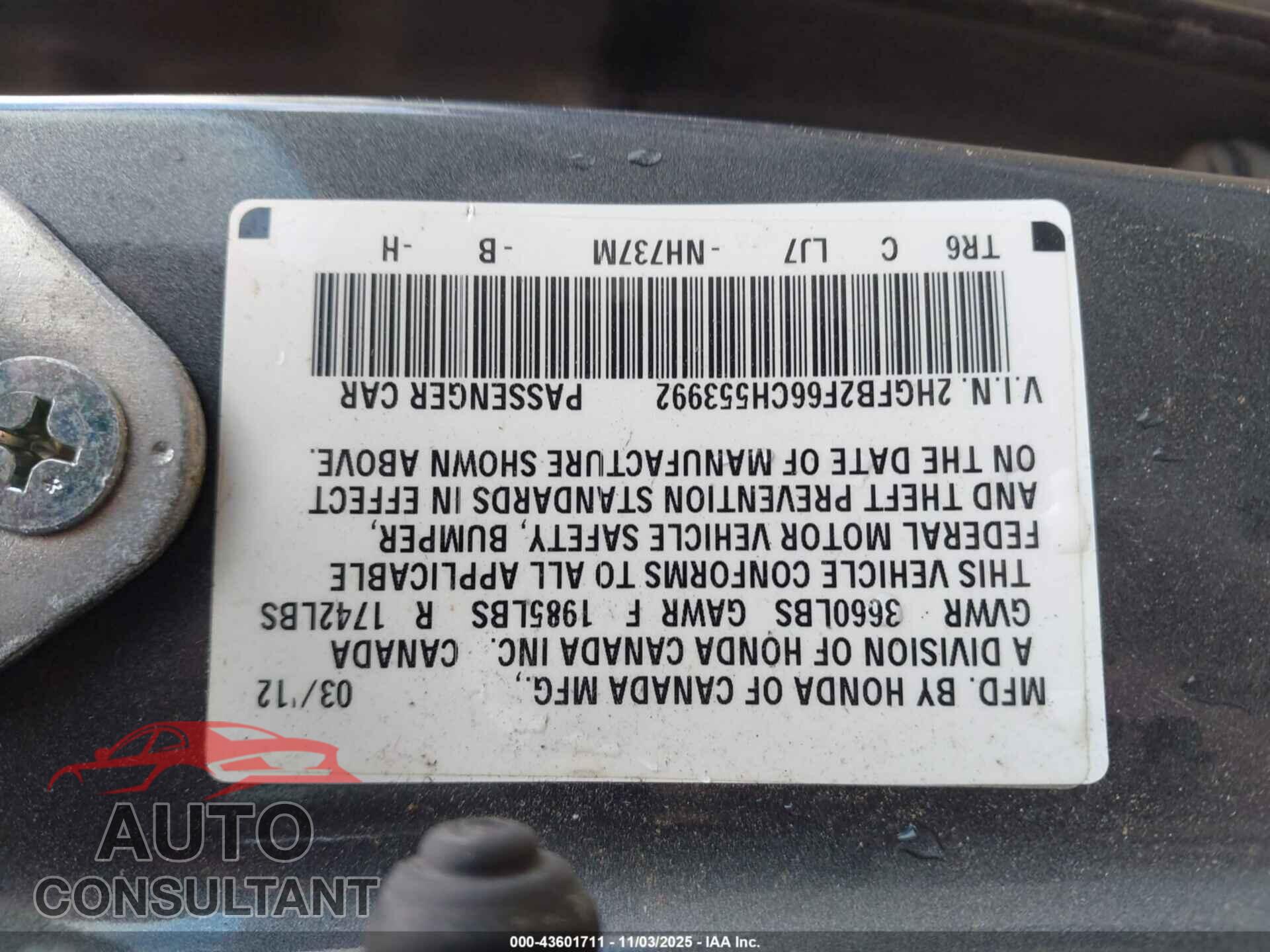 HONDA CIVIC 2012 - 2HGFB2F66CH553992