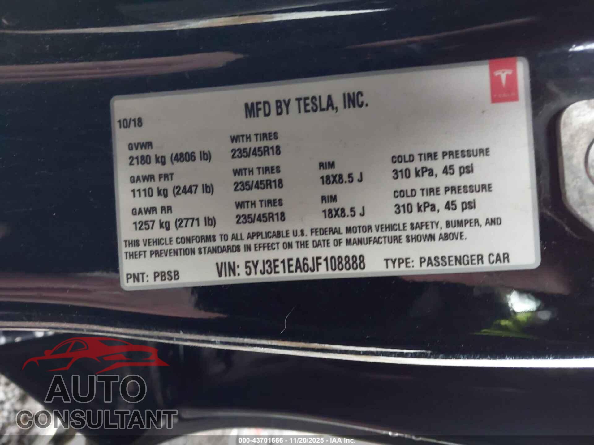 TESLA MODEL 3 2018 - 5YJ3E1EA6JF108888
