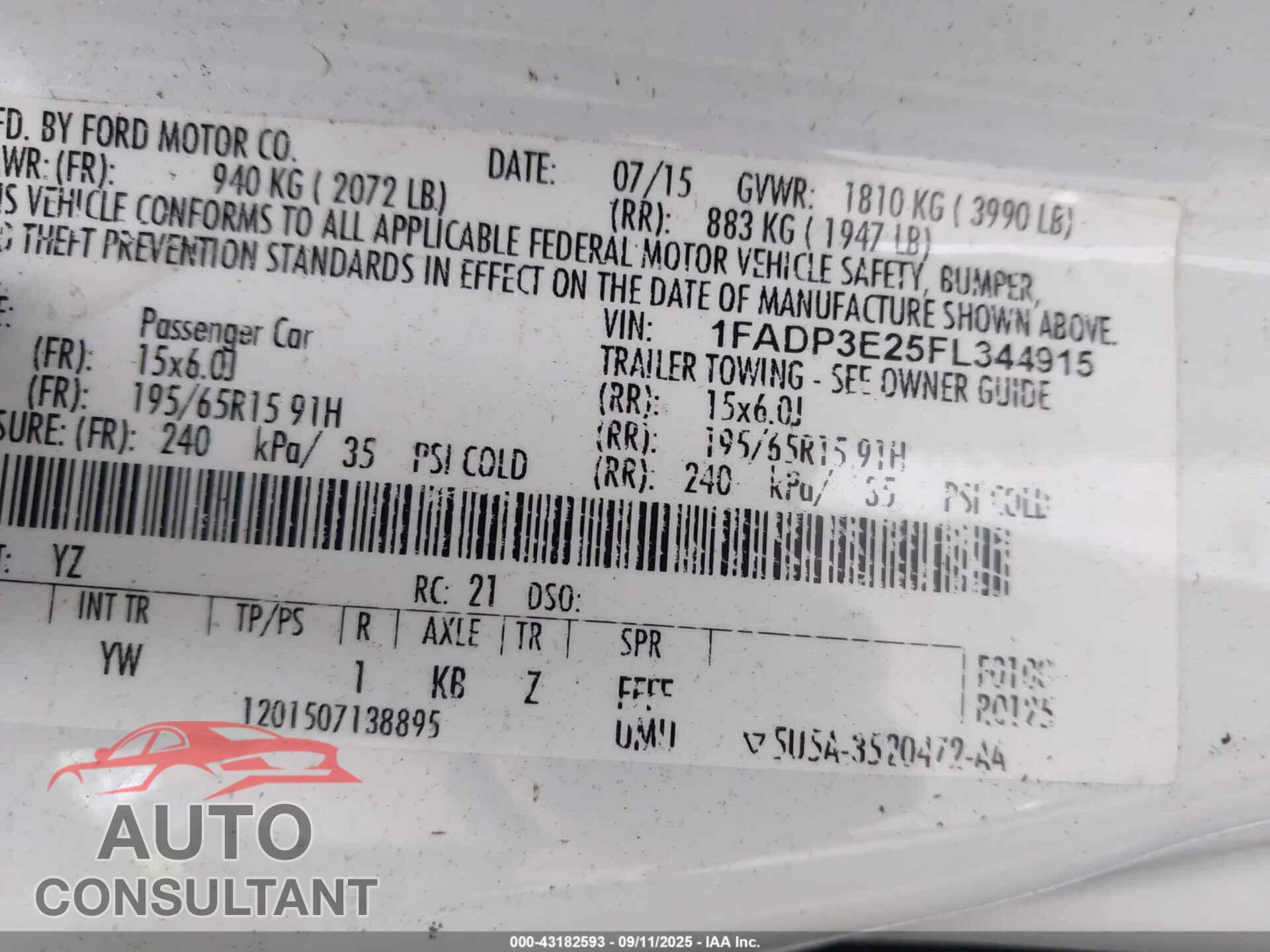 FORD FOCUS 2015 - 1FADP3E25FL344915