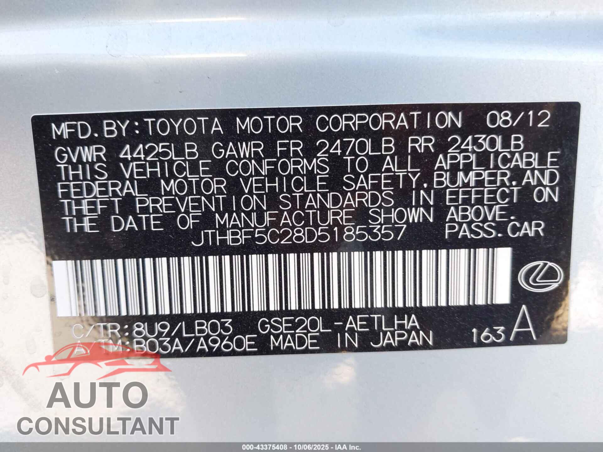 LEXUS IS 250 2013 - JTHBF5C28D5185357