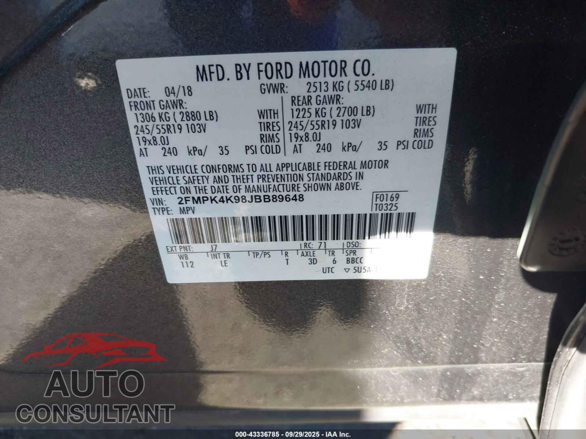 FORD EDGE 2018 - 2FMPK4K98JBB89648