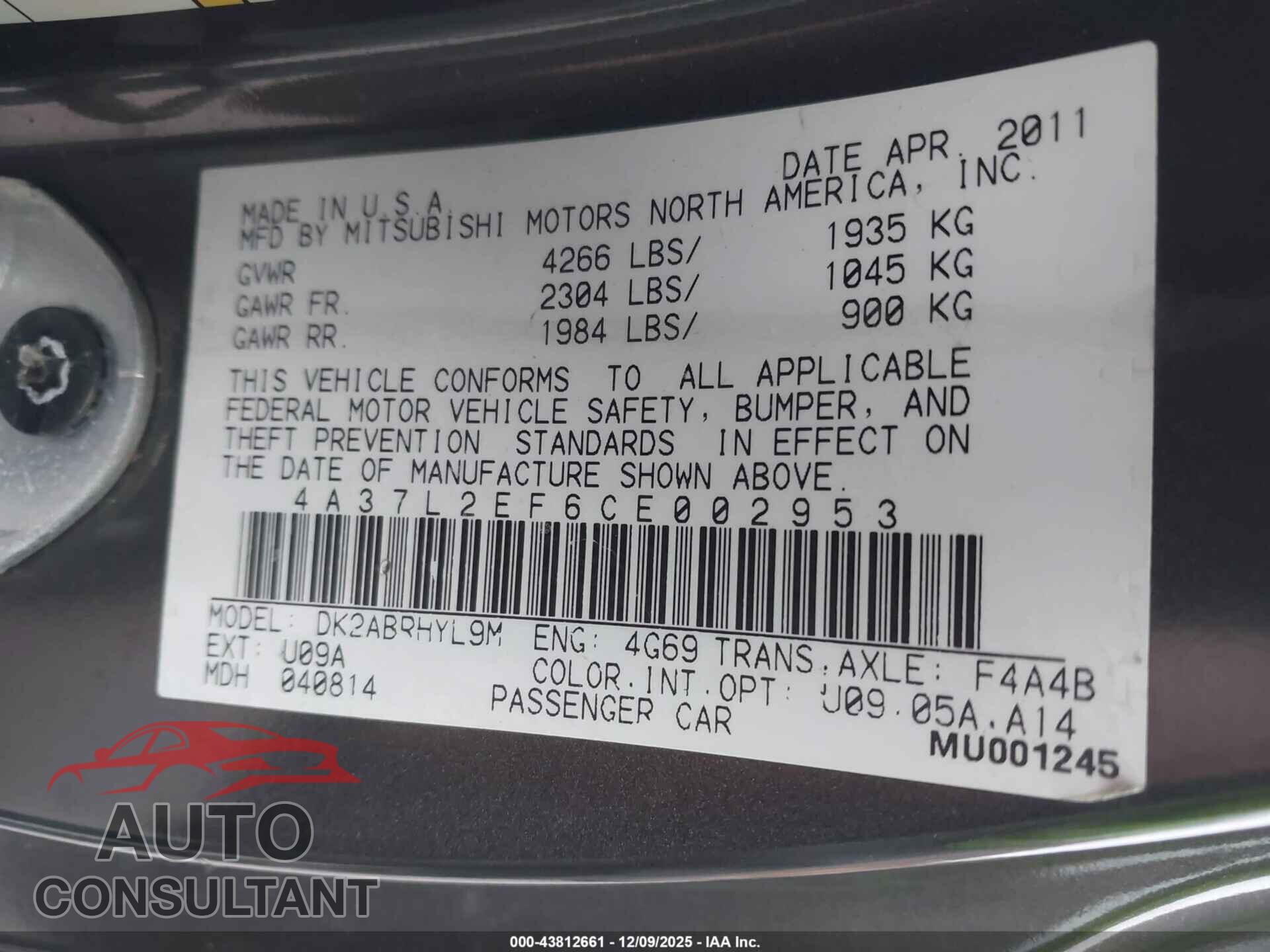 MITSUBISHI ECLIPSE SPYDER 2012 - 4A37L2EF6CE002953