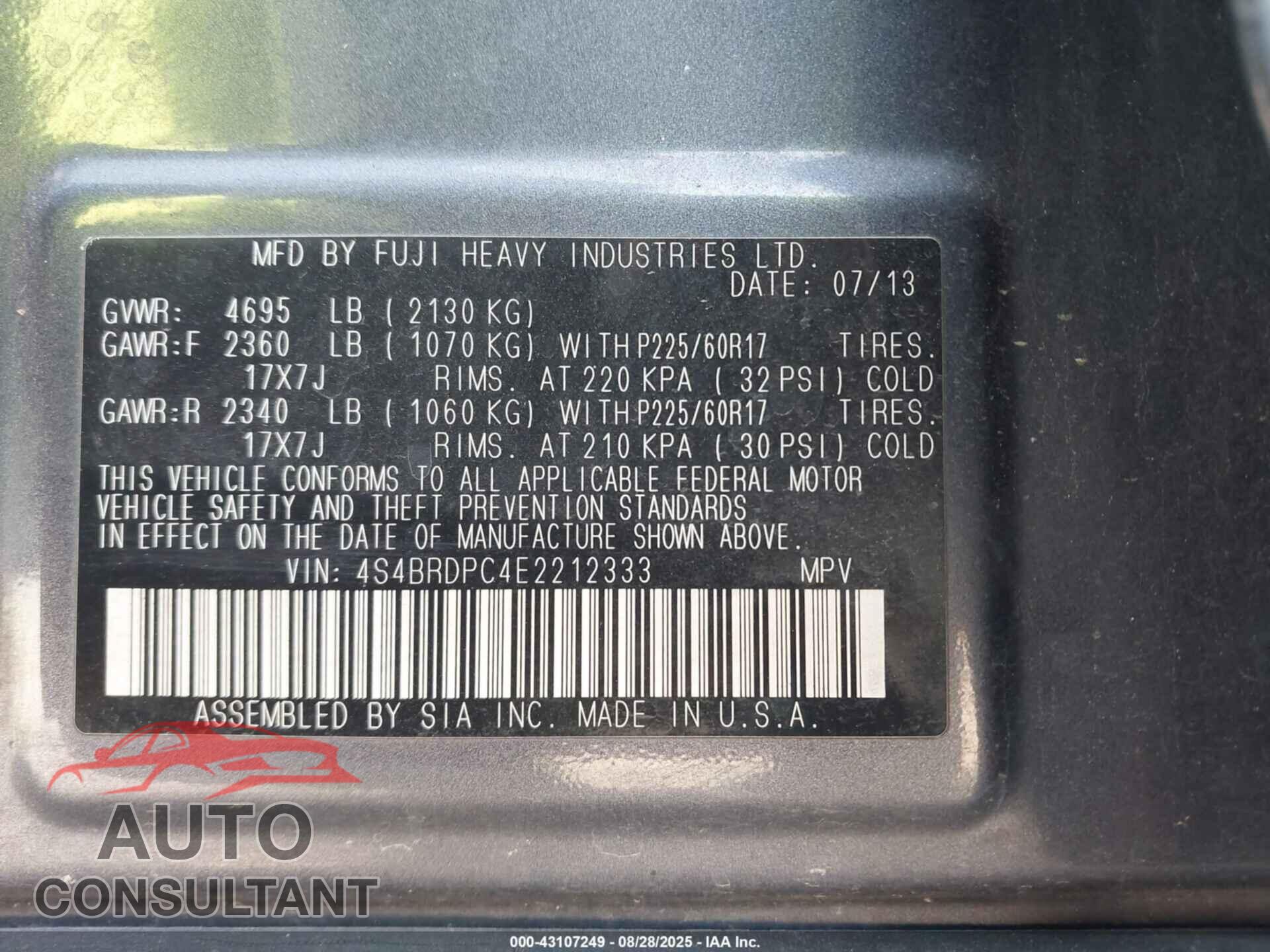 SUBARU OUTBACK 2014 - 4S4BRDPC4E2212333