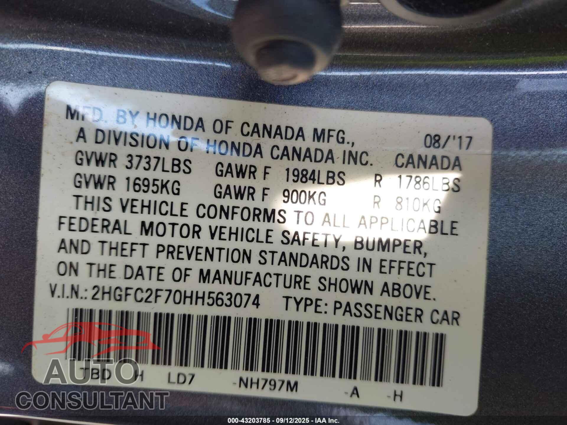 HONDA CIVIC 2017 - 2HGFC2F70HH563074