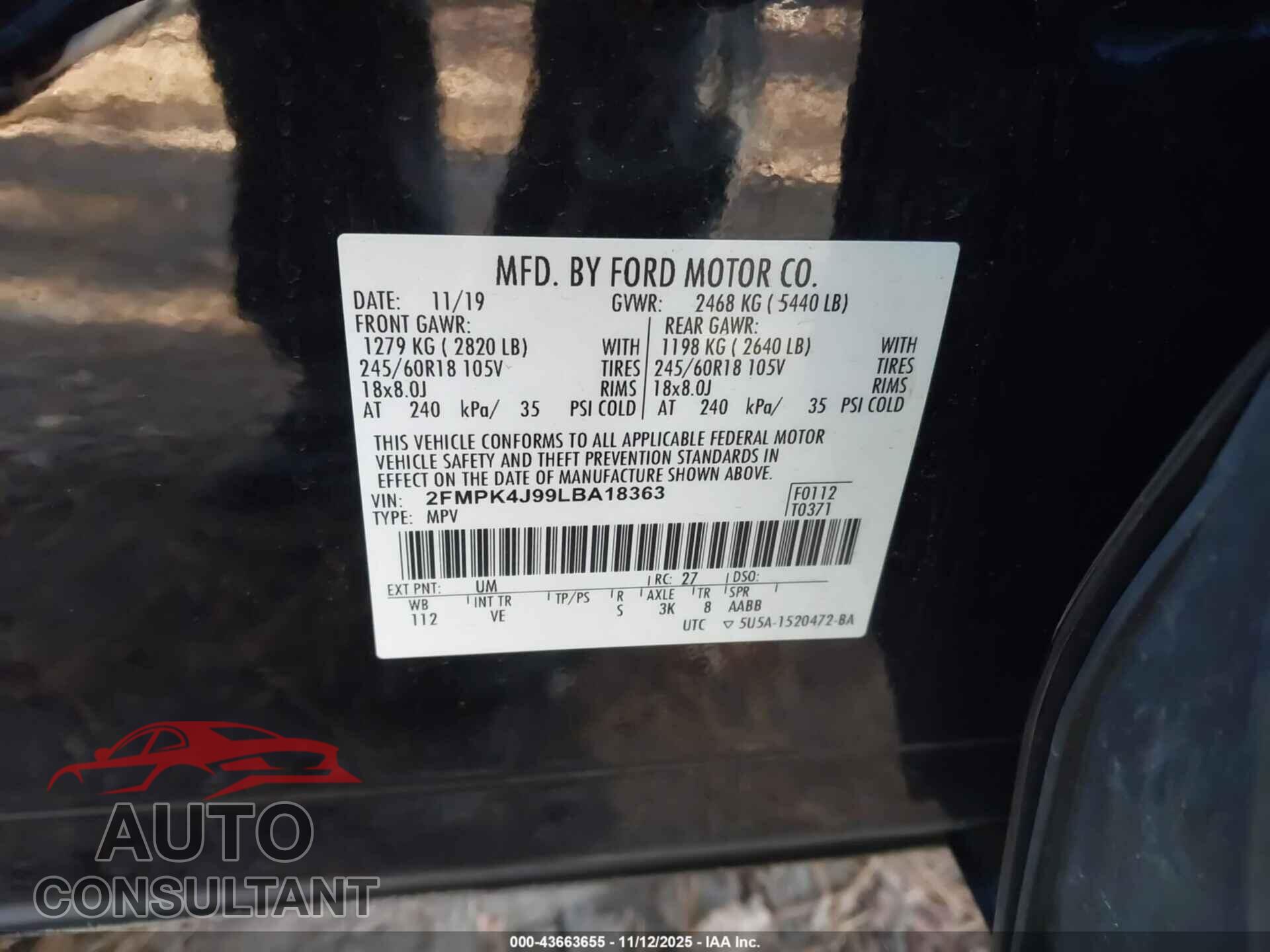 FORD EDGE 2020 - 2FMPK4J99LBA18363