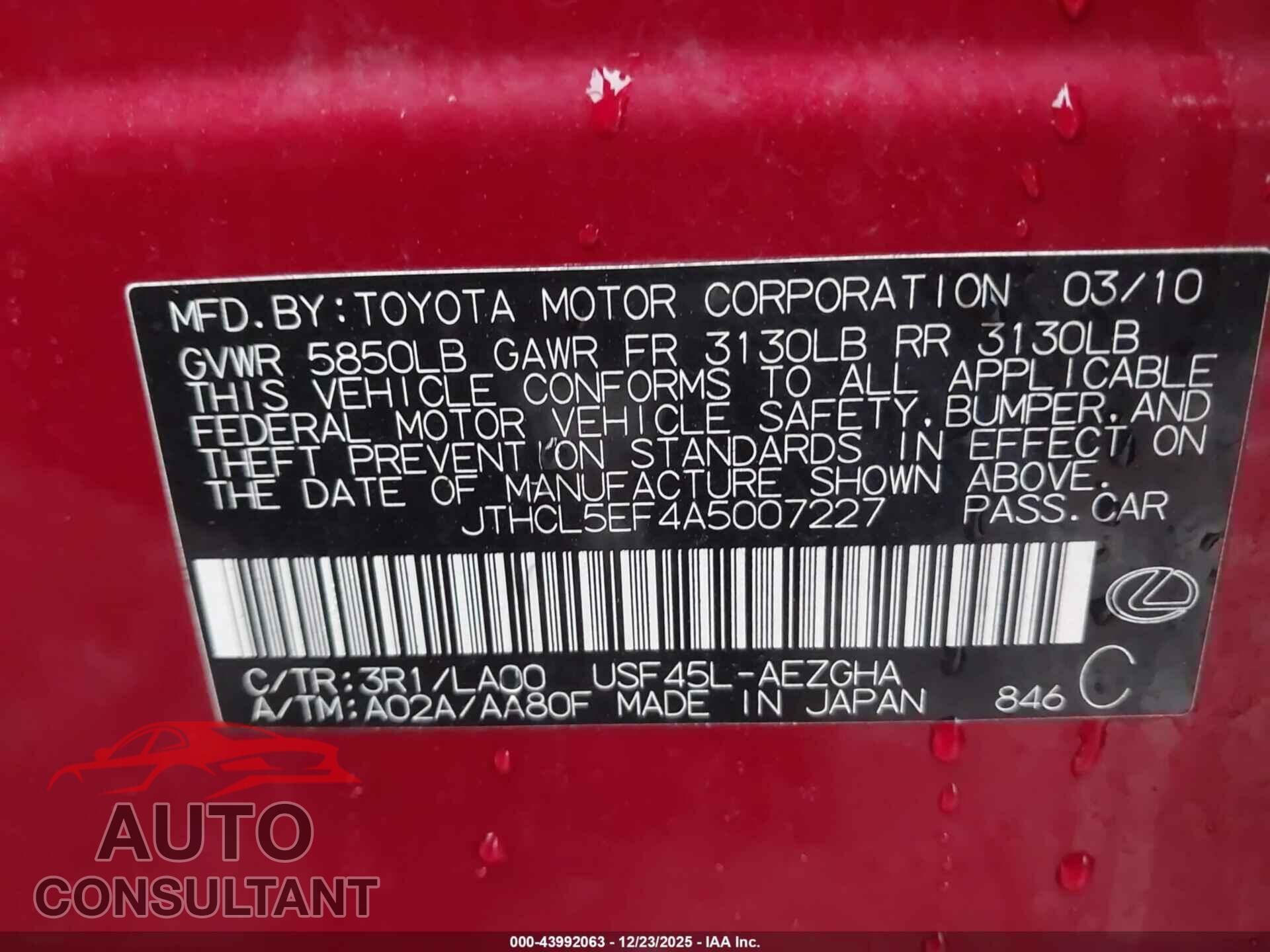 LEXUS LS 460 2010 - JTHCL5EF4A5007227