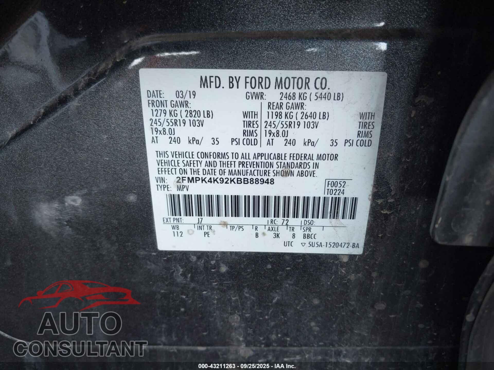 FORD EDGE 2019 - 2FMPK4K92KBB88948