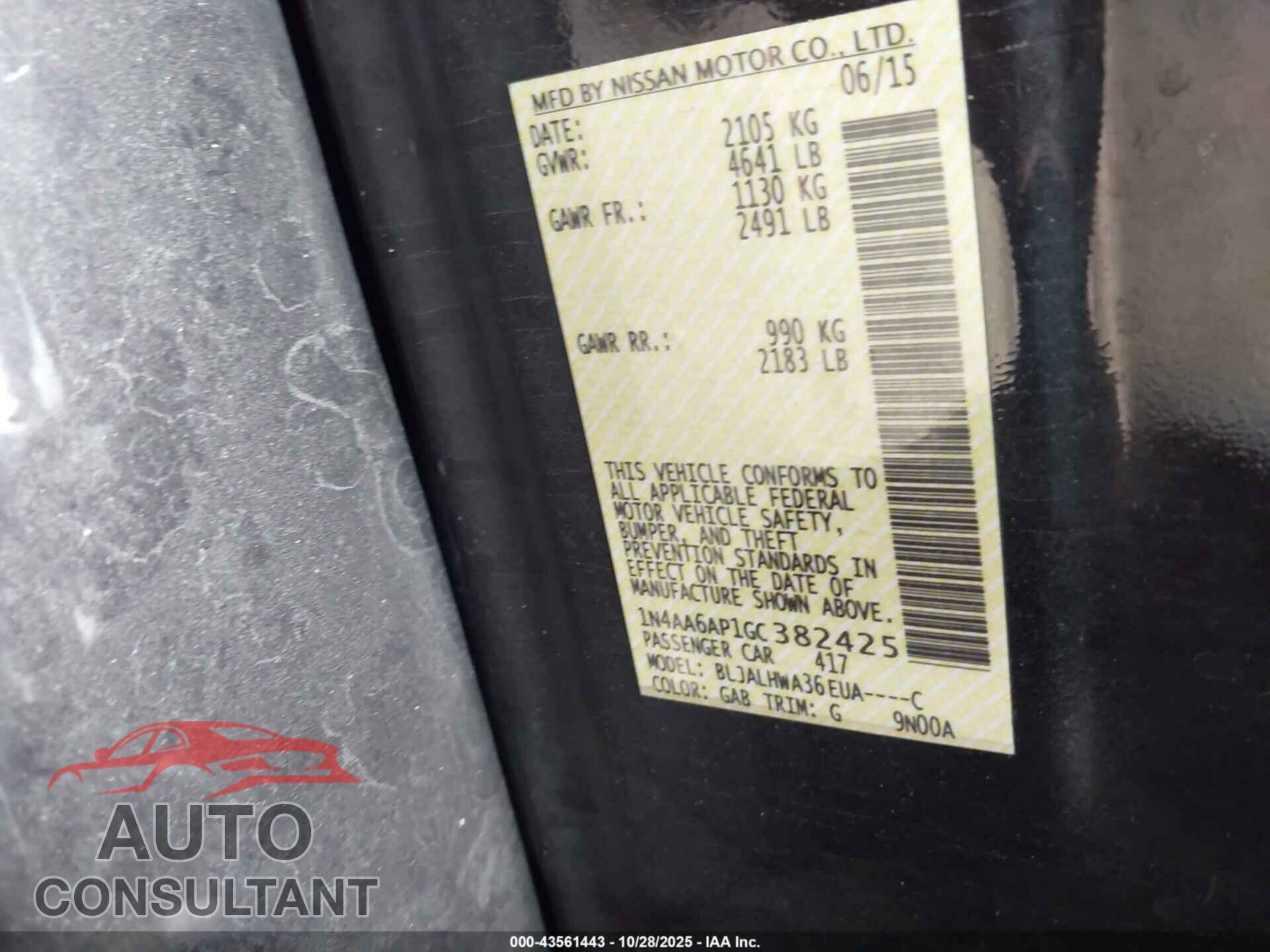 NISSAN MAXIMA 2016 - 1N4AA6AP1GC382425