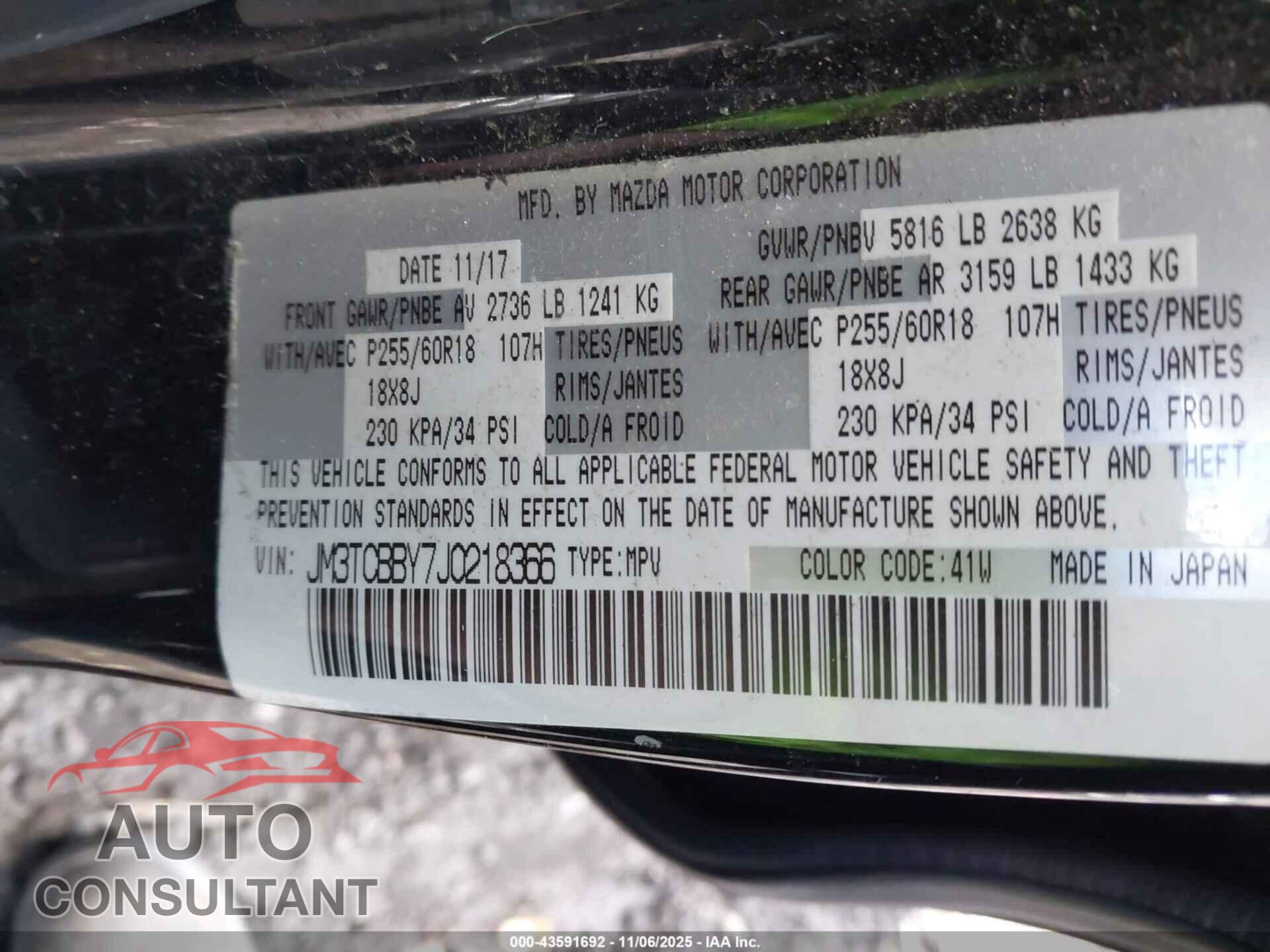 MAZDA CX-9 2018 - JM3TCBBY7J0218366