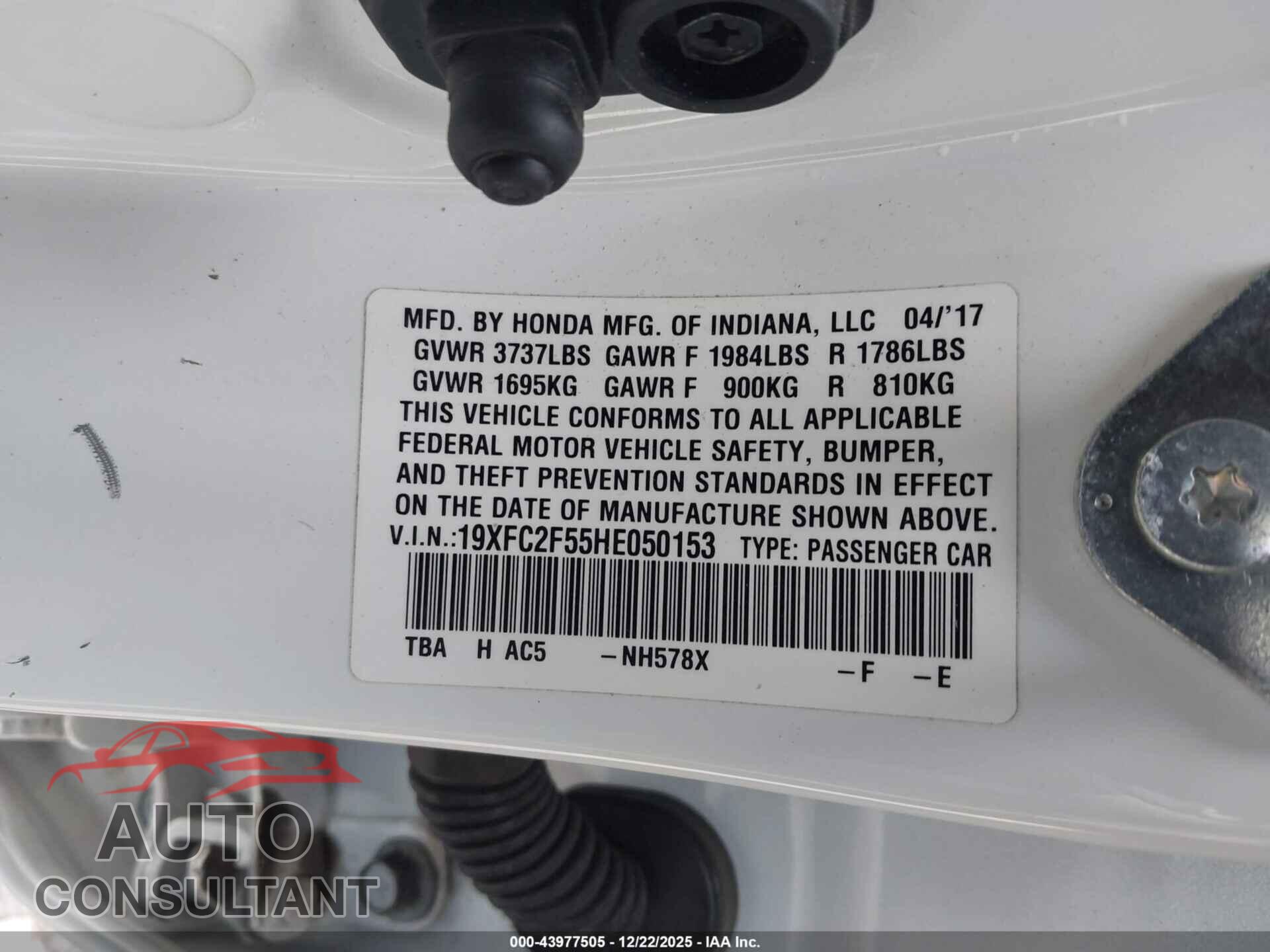 HONDA CIVIC 2017 - 19XFC2F55HE050153