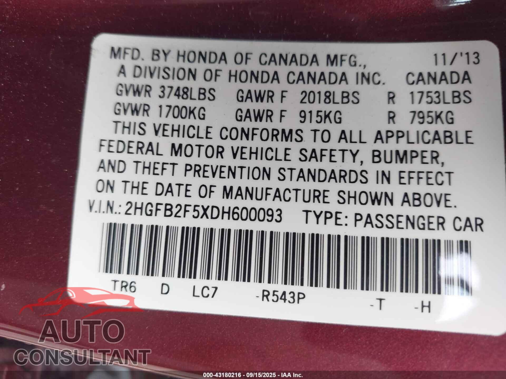 HONDA CIVIC 2013 - 2HGFB2F5XDH600093