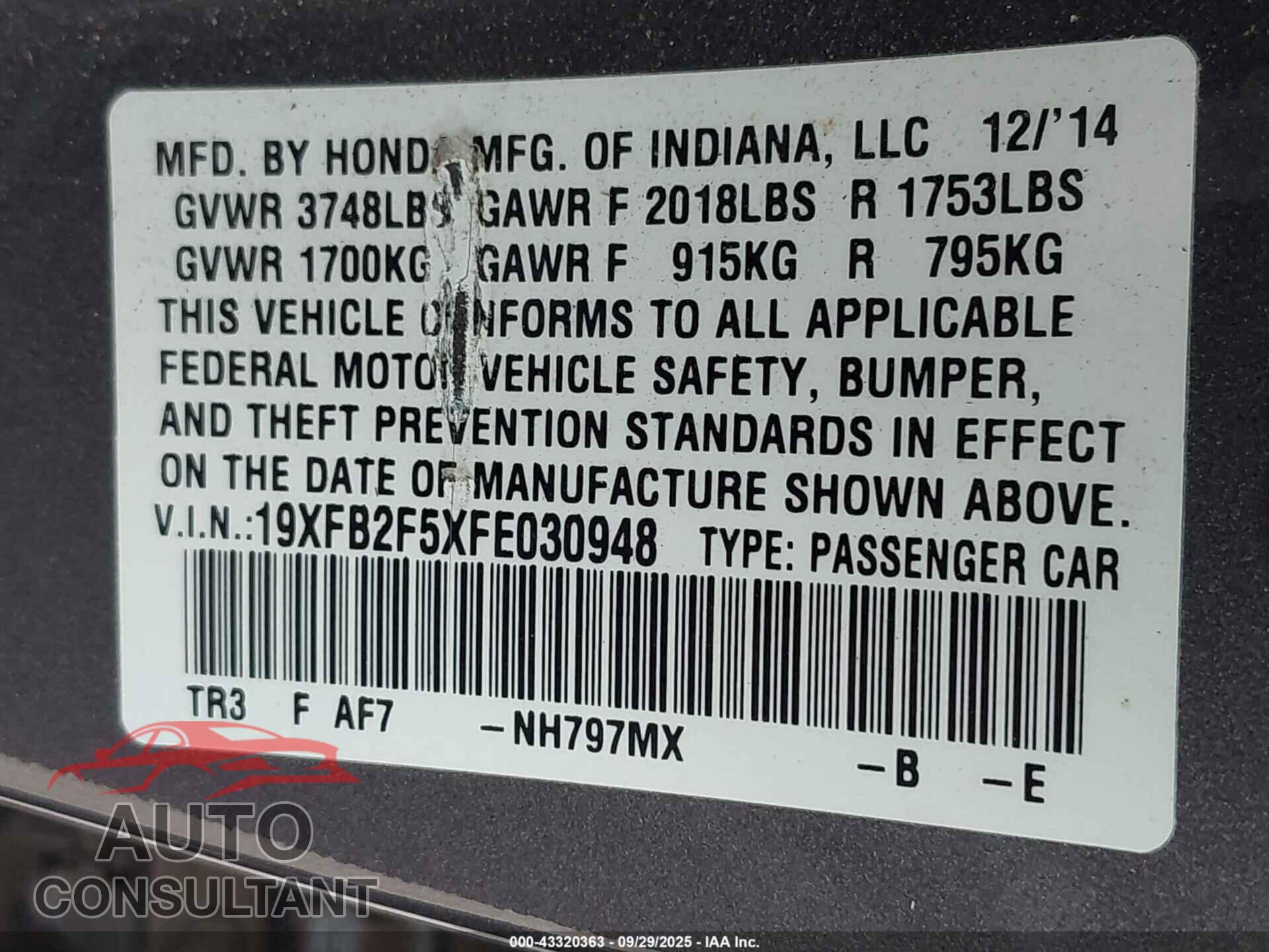 HONDA CIVIC 2015 - 19XFB2F5XFE030948