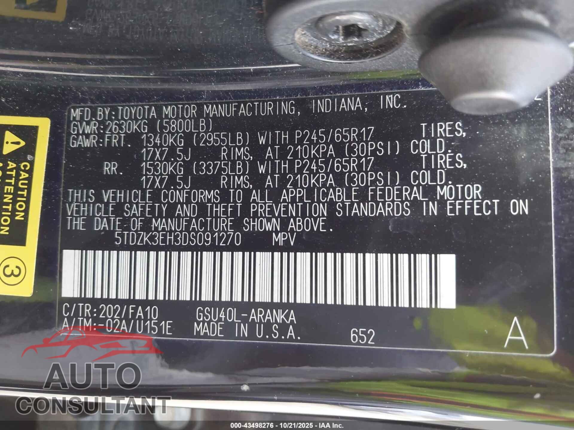 TOYOTA HIGHLANDER 2013 - 5TDZK3EH3DS091270