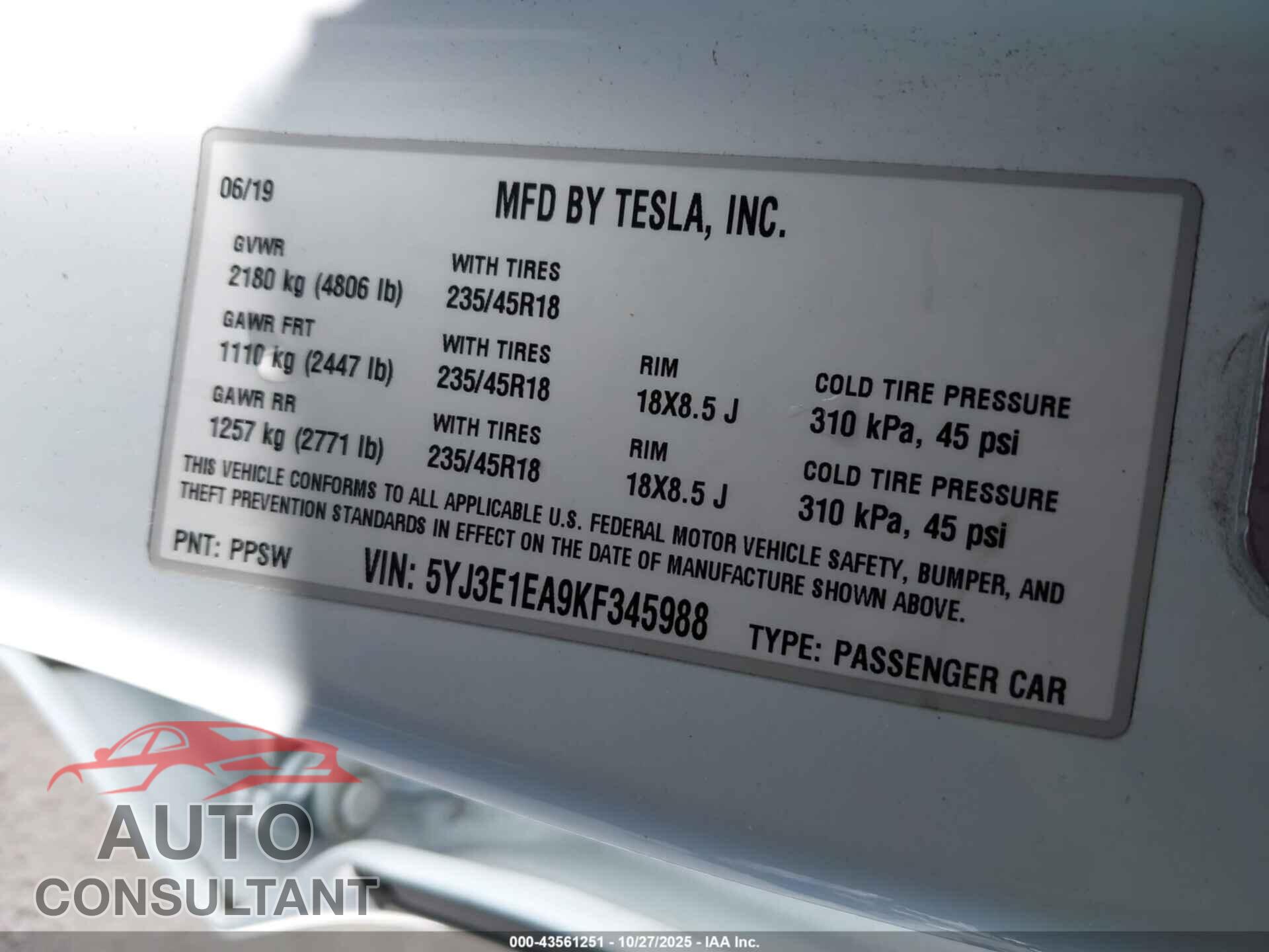 TESLA MODEL 3 2019 - 5YJ3E1EA9KF345988