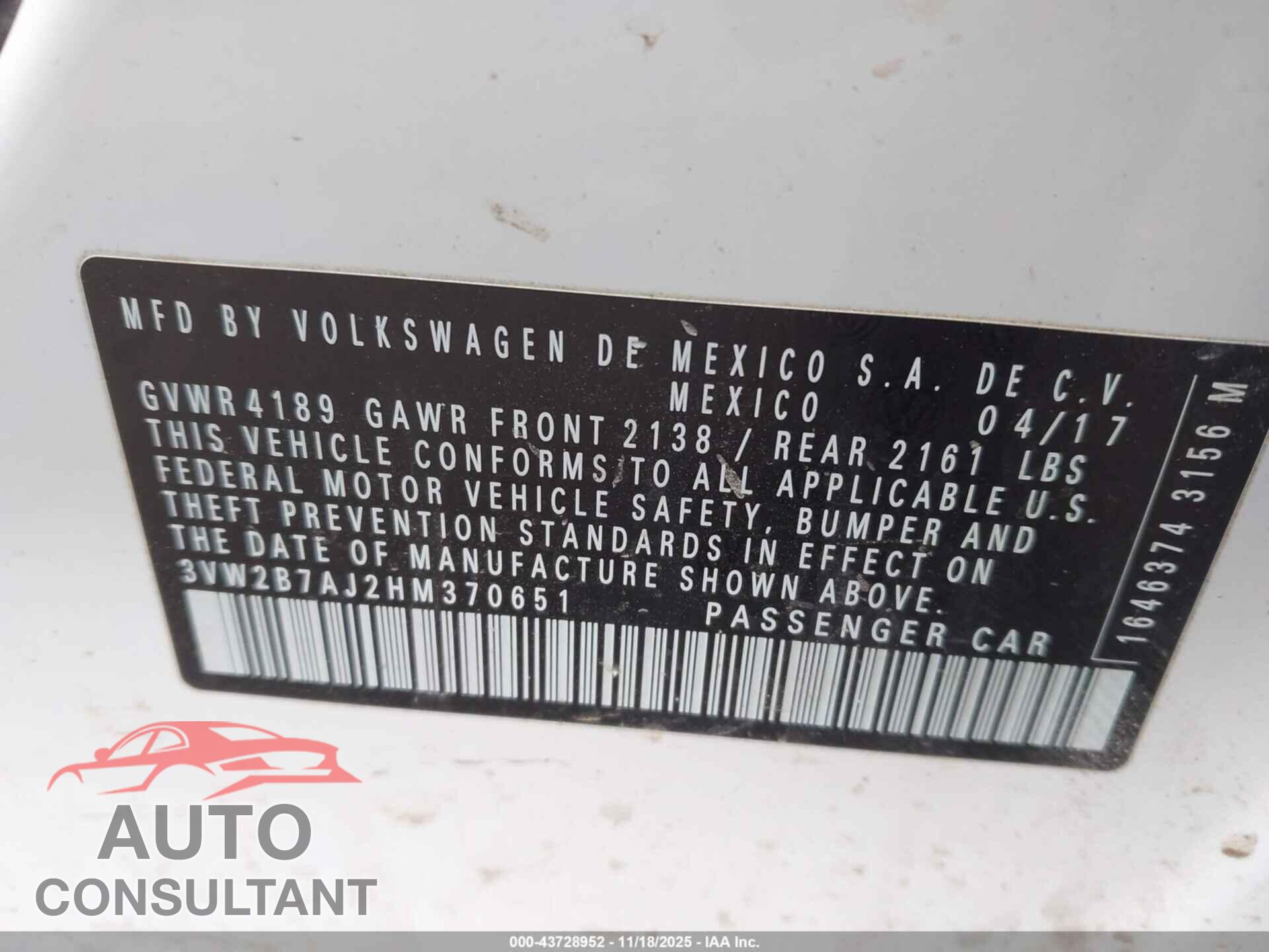 VOLKSWAGEN JETTA 2017 - 3VW2B7AJ2HM370651