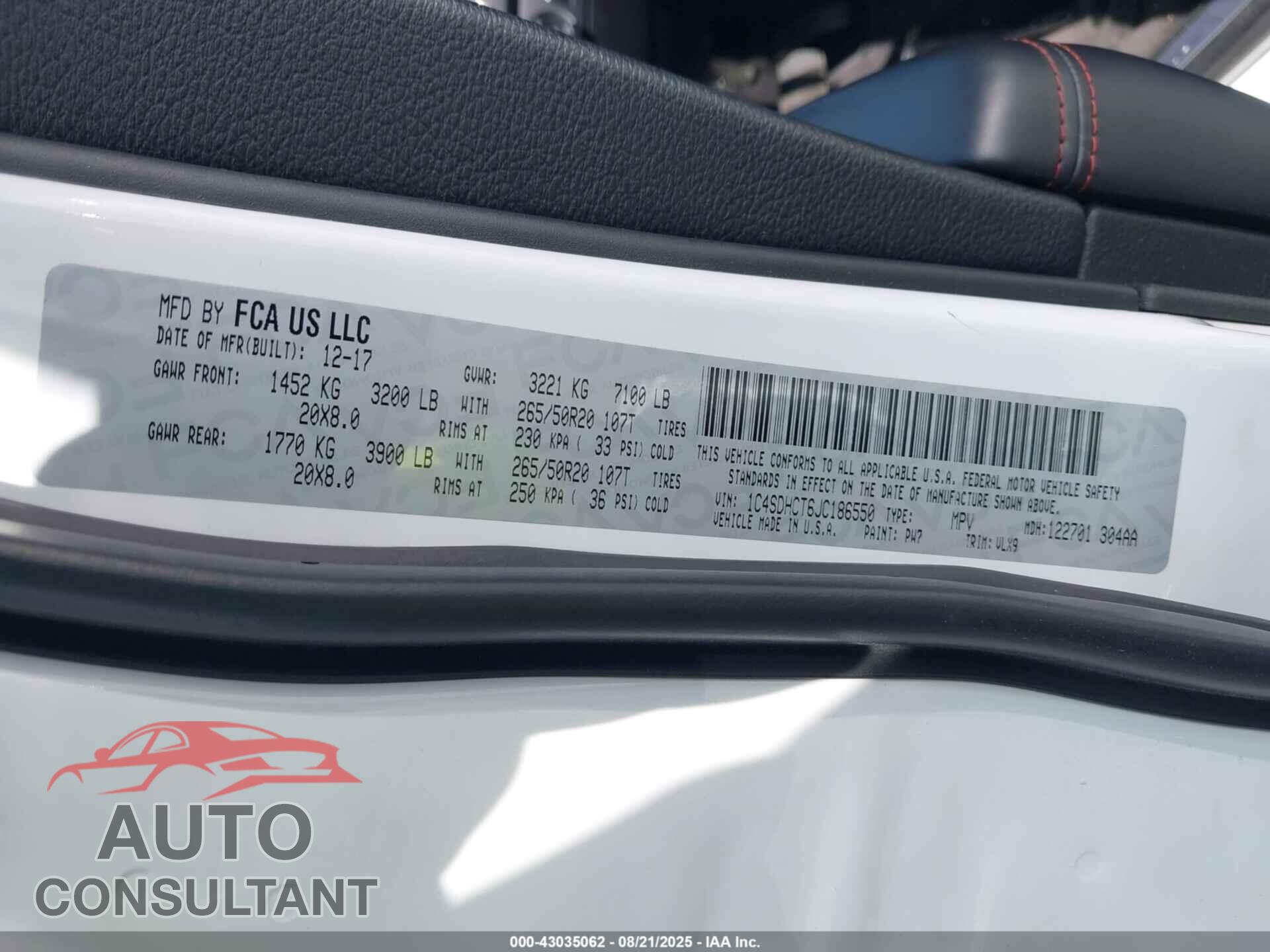 DODGE DURANGO 2018 - 1C4SDHCT6JC186550