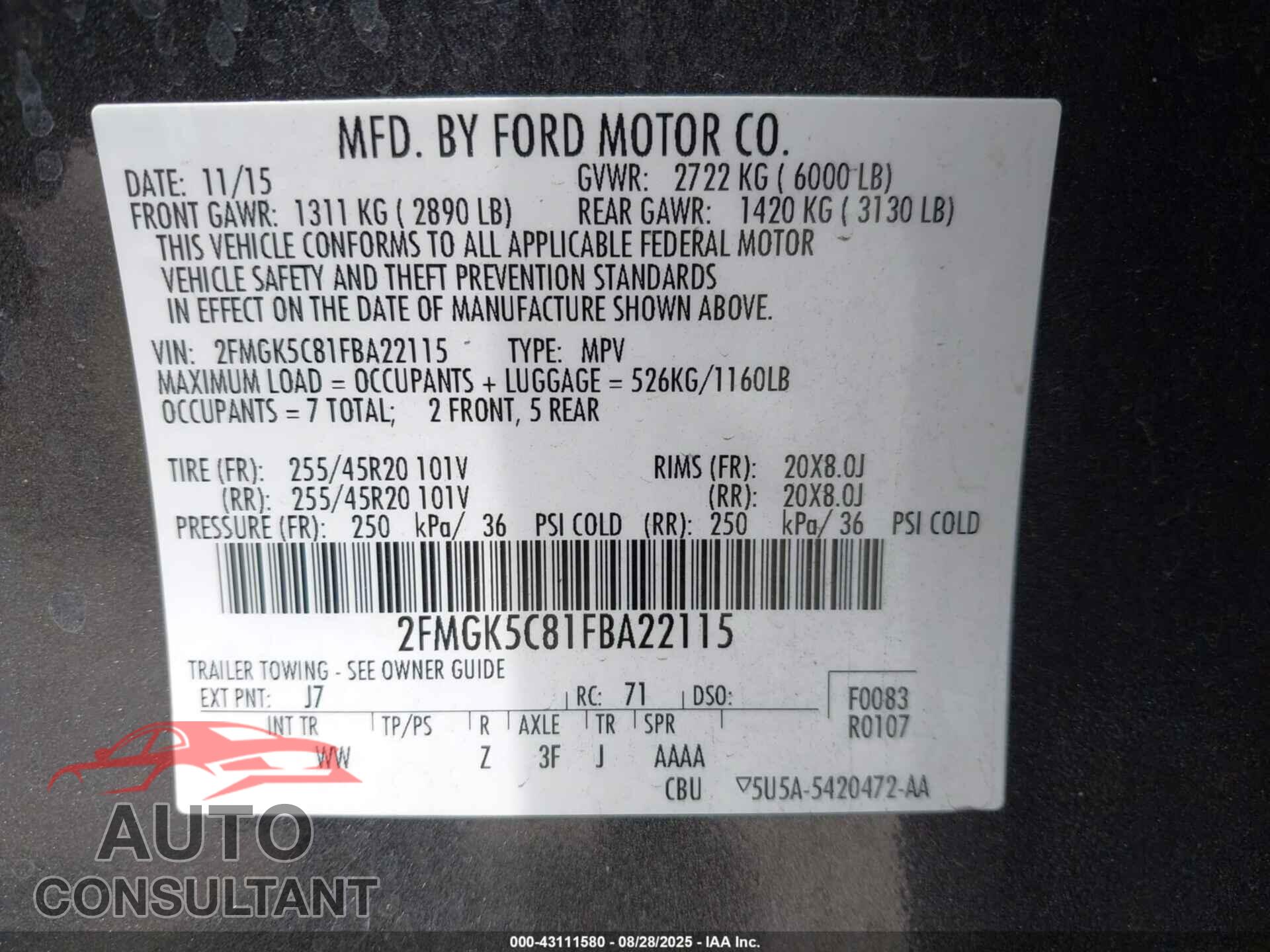 FORD FLEX 2015 - 2FMGK5C81FBA22115