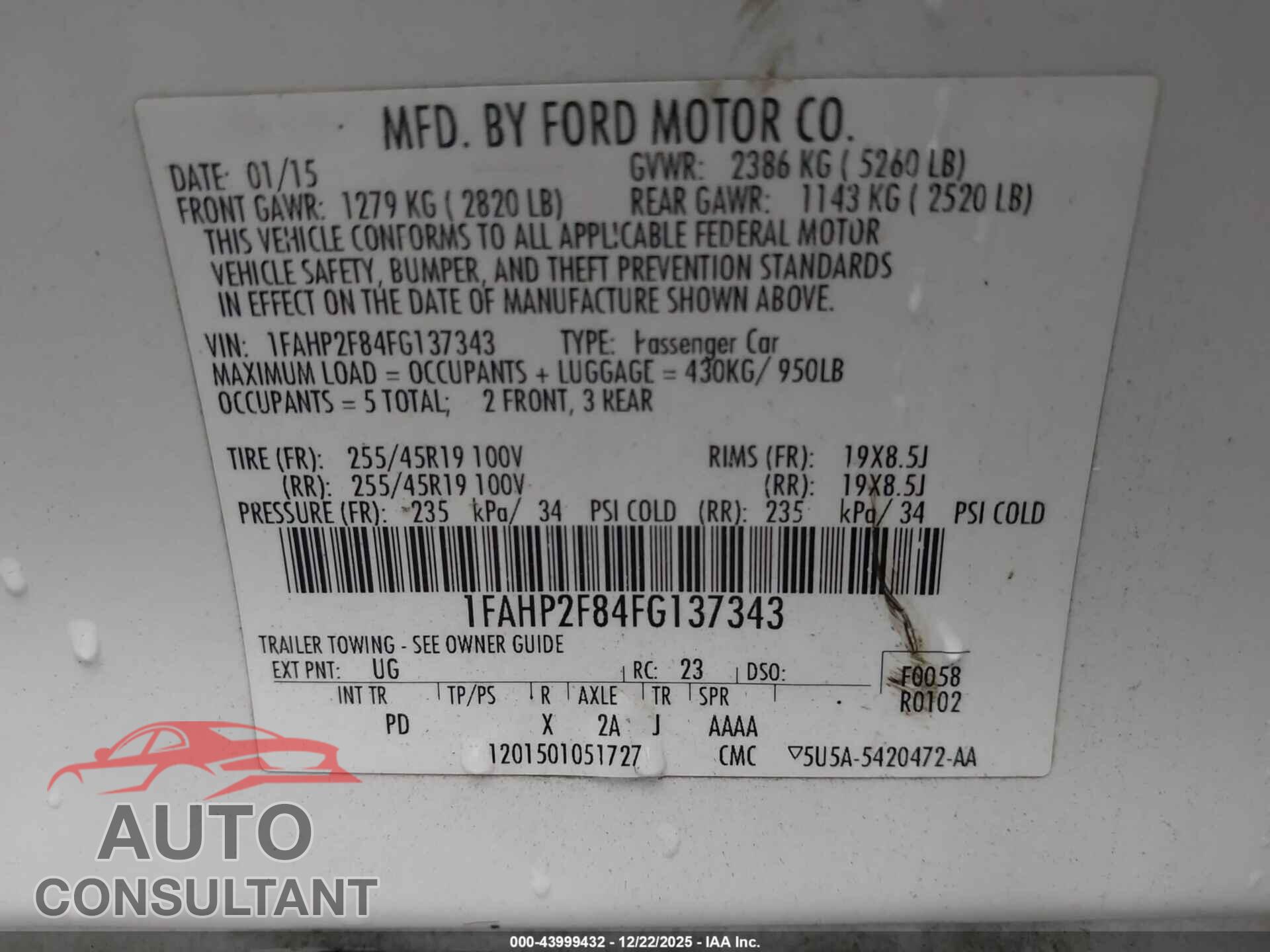 FORD TAURUS 2015 - 1FAHP2F84FG137343