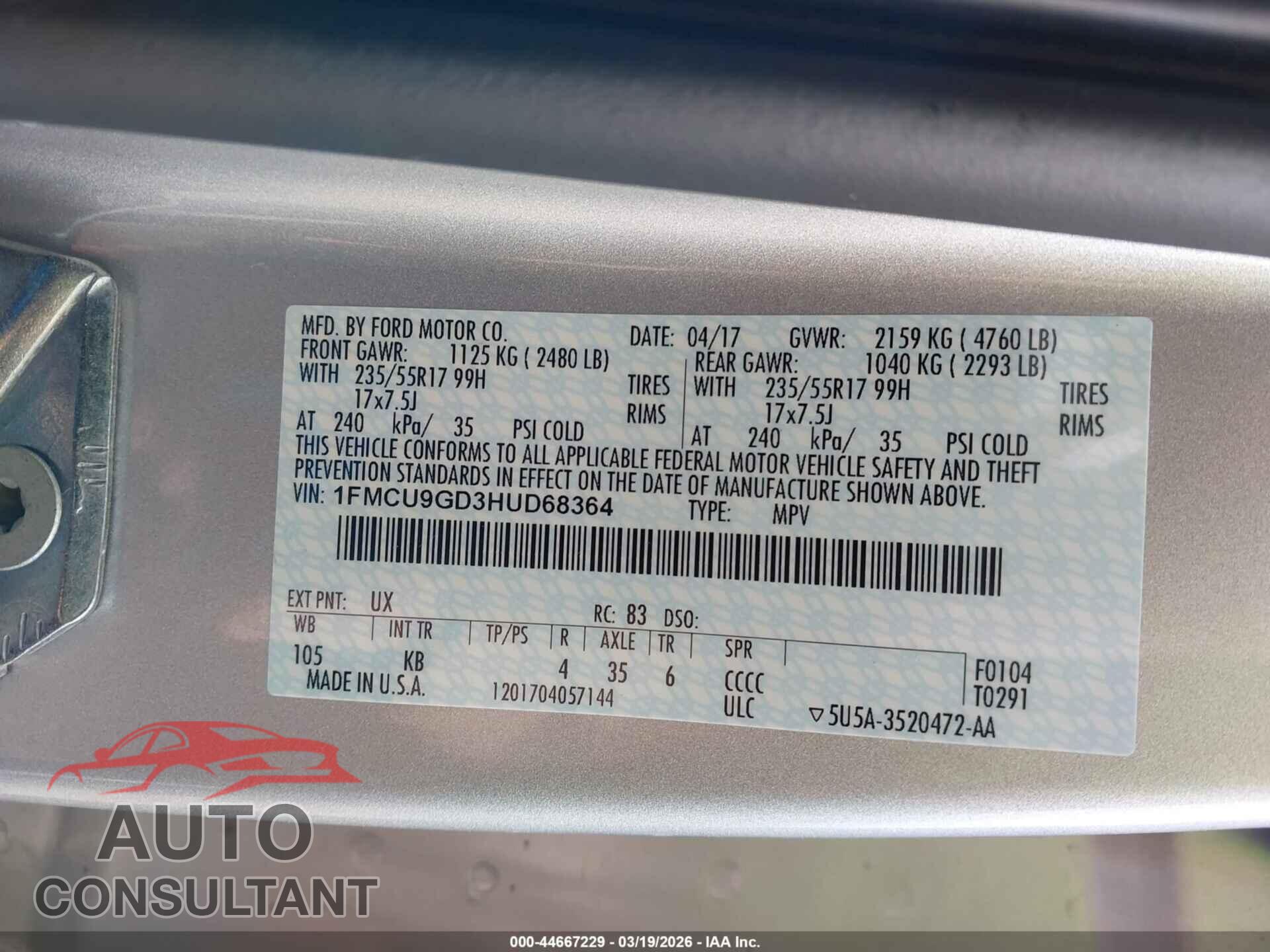 FORD ESCAPE 2017 - 1FMCU9GD3HUD68364