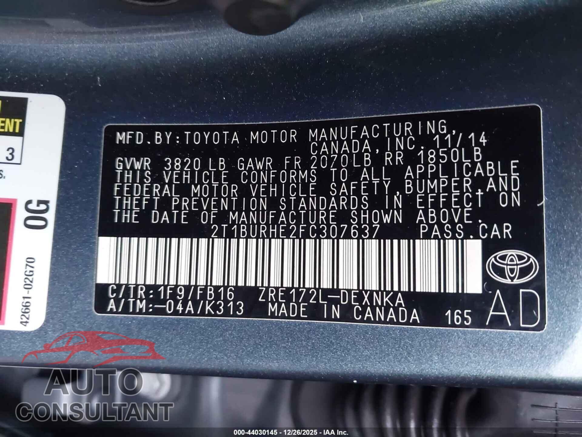 TOYOTA COROLLA 2015 - 2T1BURHE2FC307637